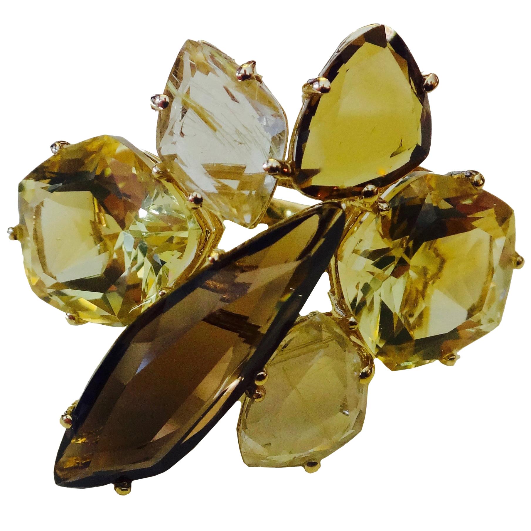 Michael Kneebone Smokey Quartz Lemon Citrine Rutilated Quartz Gold Cluster Ring