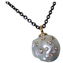 Michael Kneebone South Seas Pearl Diamond 18 Karat Gold Blackened Steel Pendant