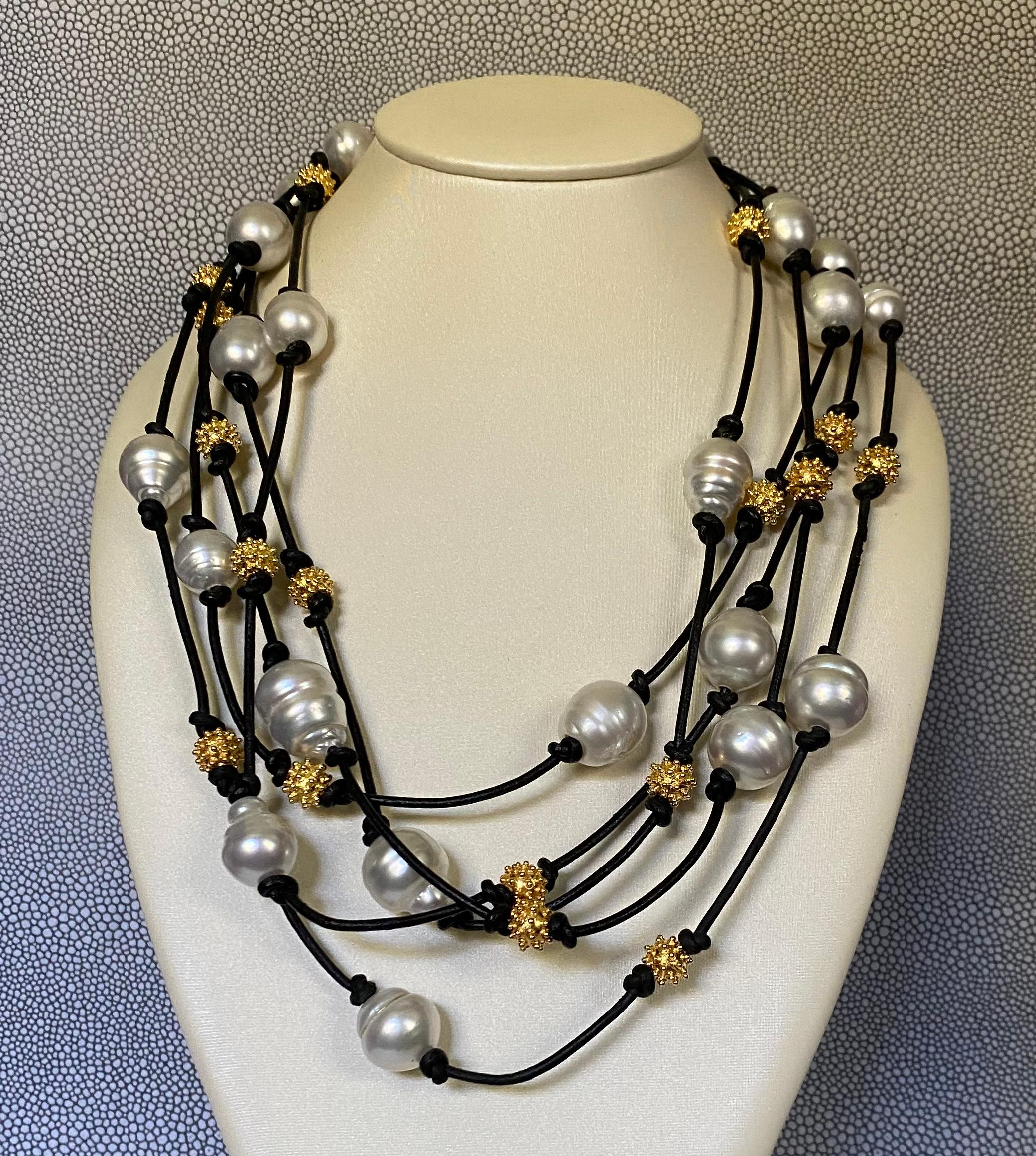 Contemporary Michael Kneebone South Seas Pearl Granulated Bead Leather Torsade Necklace