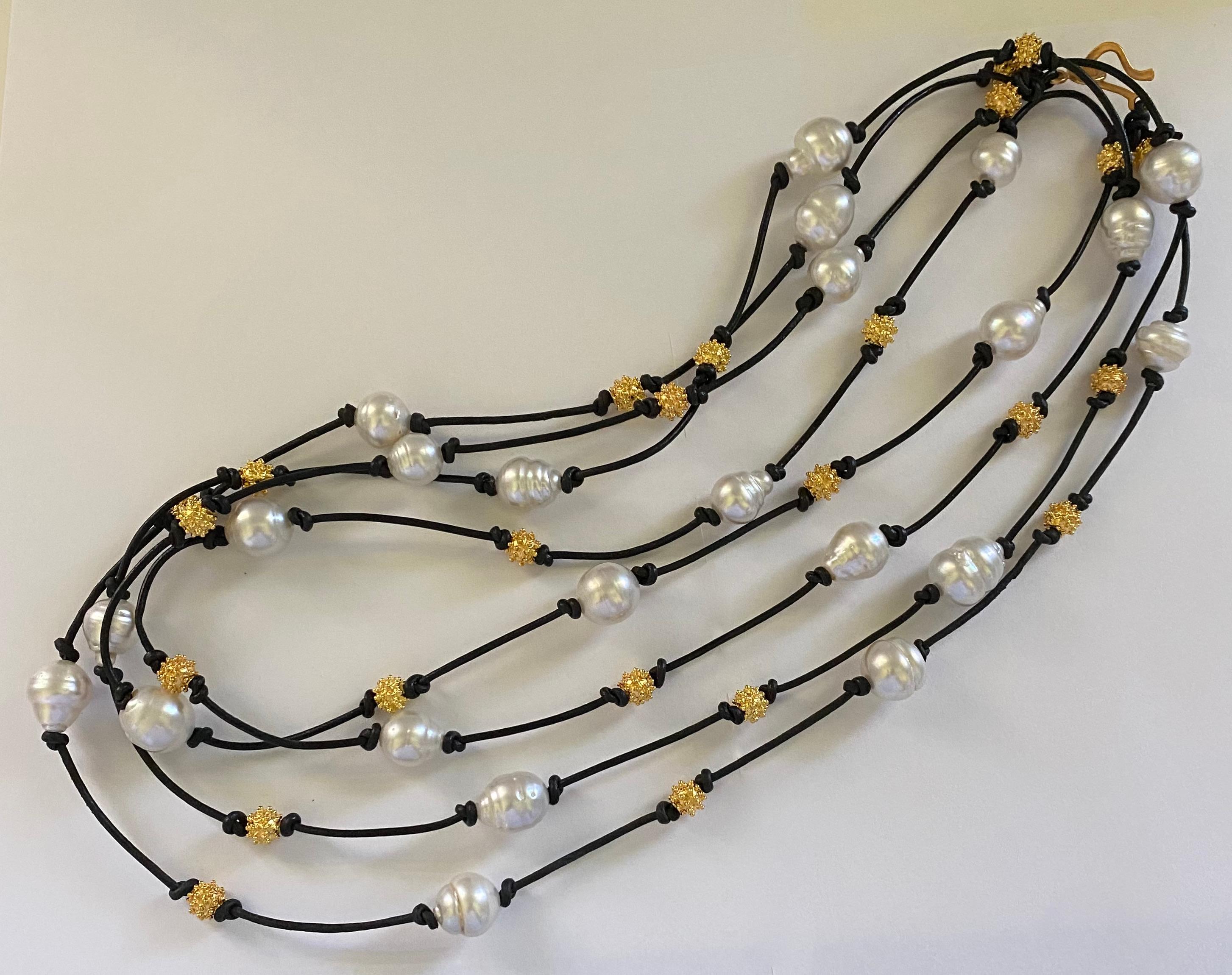 Michael Kneebone South Seas Pearl Granulated Bead Leather Torsade Necklace In New Condition In Austin, TX