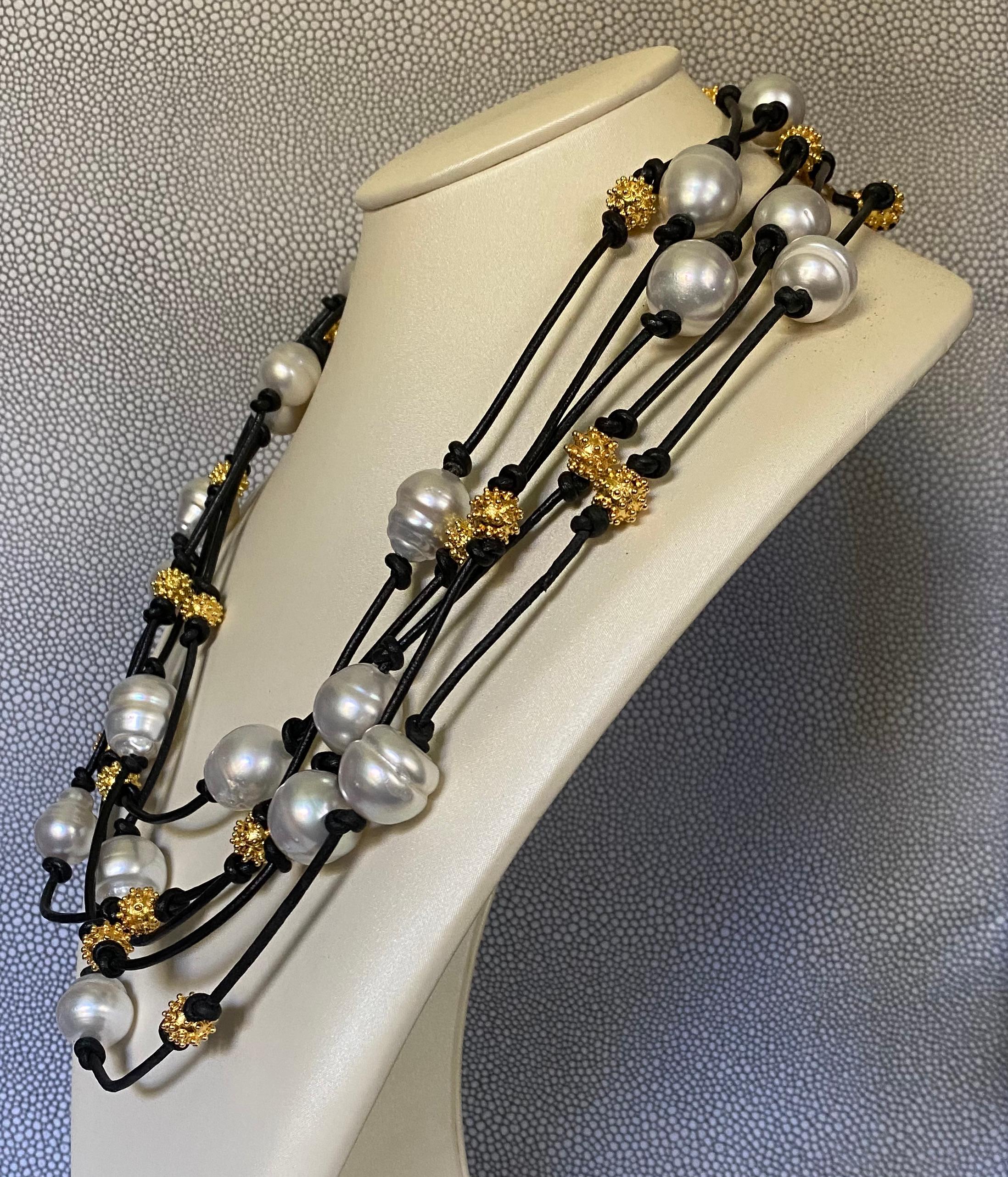 Michael Kneebone South Seas Pearl Granulated Bead Leather Torsade Necklace 1