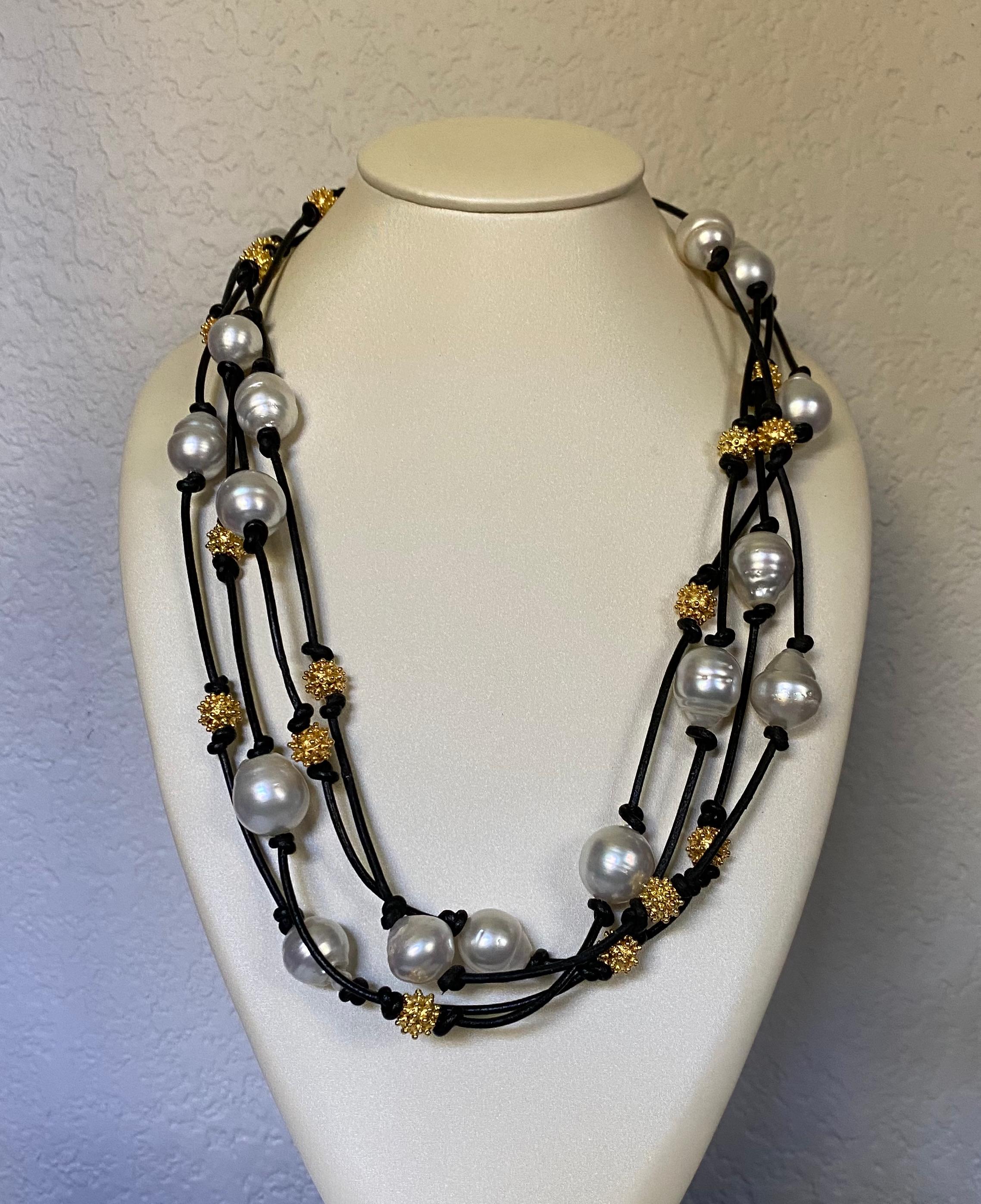 Michael Kneebone South Seas Pearl Granulated Bead Leather Torsade Necklace 2