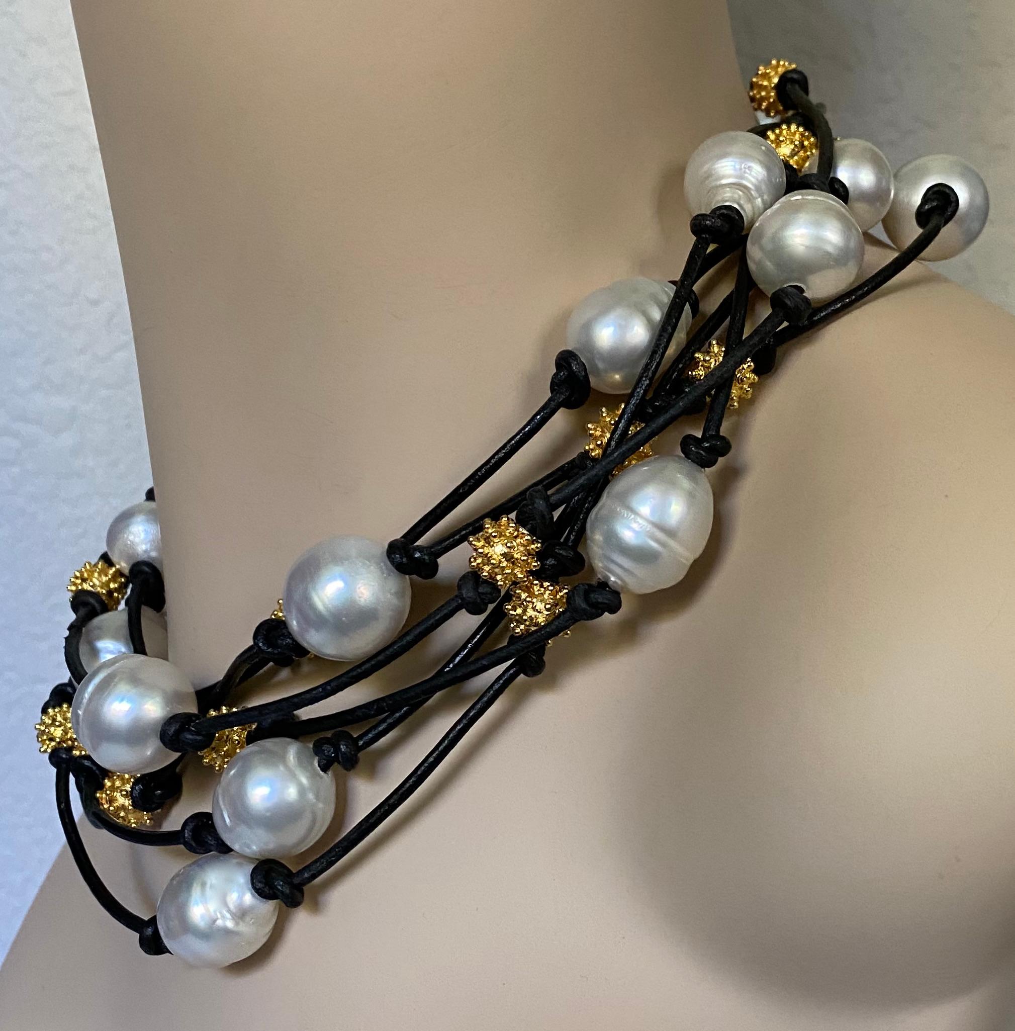 Michael Kneebone South Seas Pearl Granulated Bead Leather Torsade Necklace 3