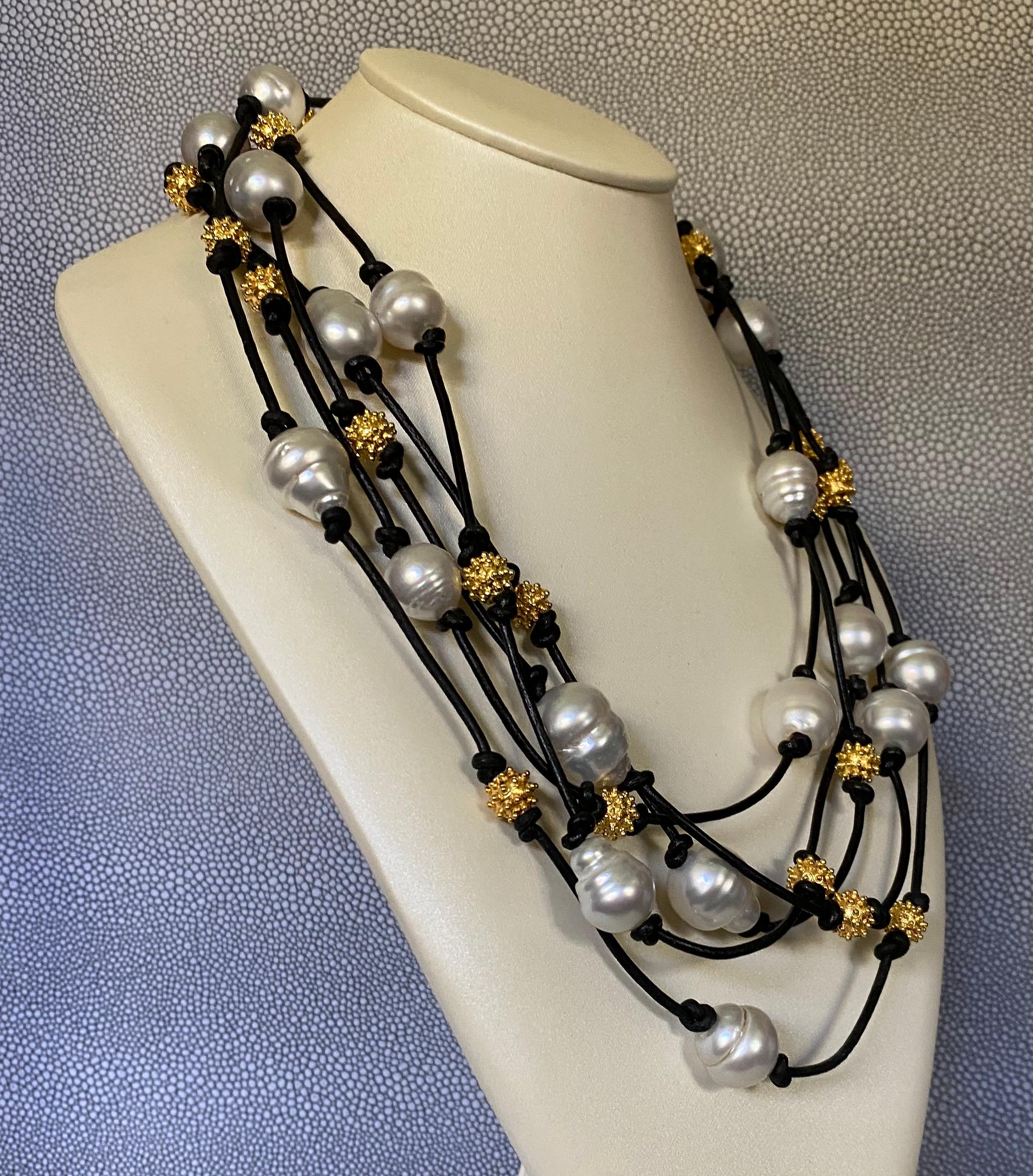 Michael Kneebone South Seas Pearl Granulated Bead Leather Torsade Necklace 4