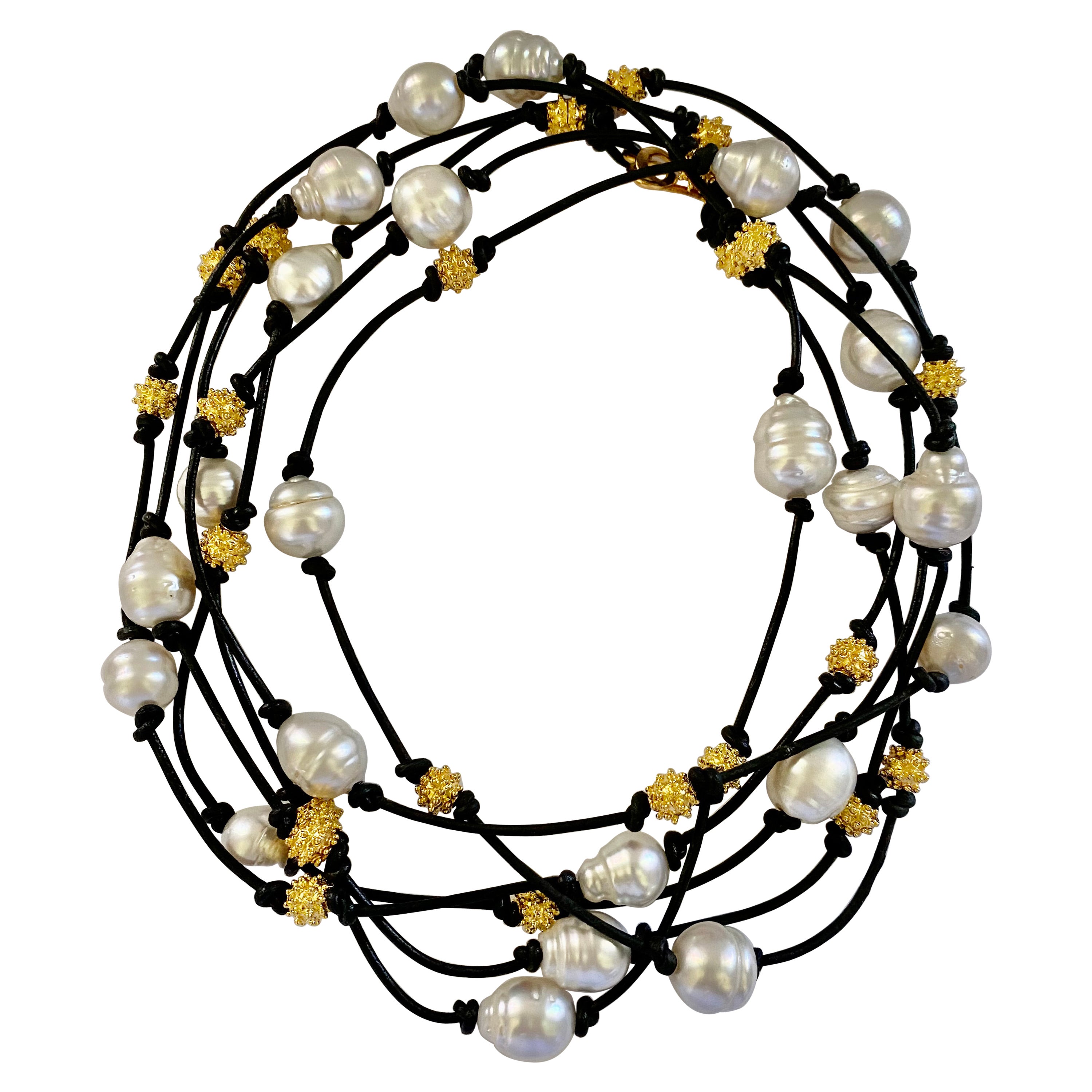 Michael Kneebone South Seas Pearl Granulated Bead Leather Torsade Necklace