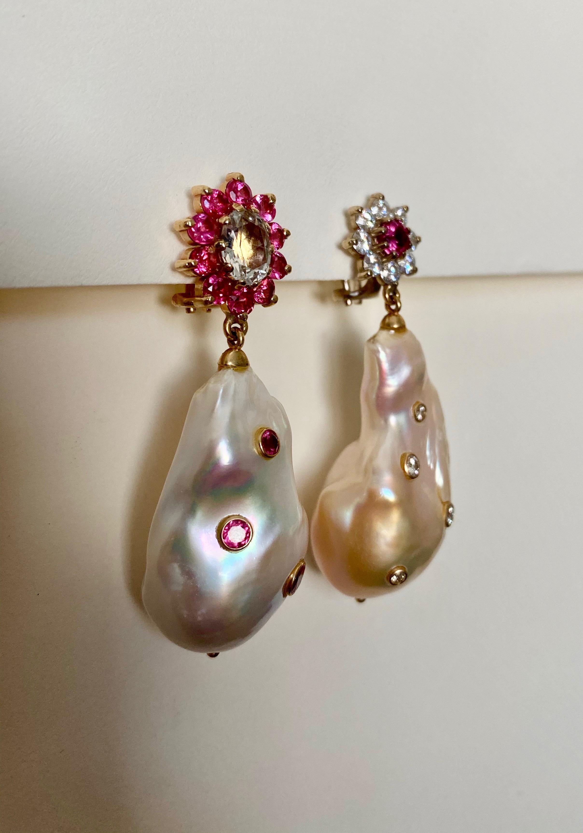 Contemporary Michael Kneebone Spinel Sapphire Diamond Baroque Pearl Dangle Earrings