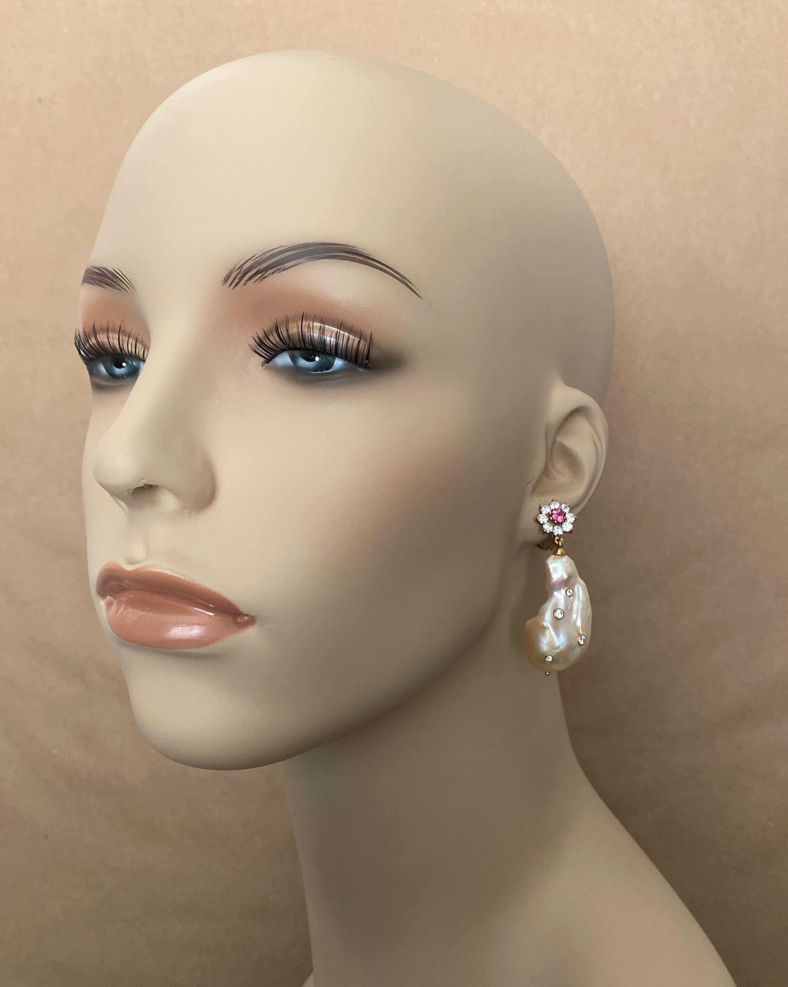 Mixed Cut Michael Kneebone Spinel Sapphire Diamond Baroque Pearl Dangle Earrings