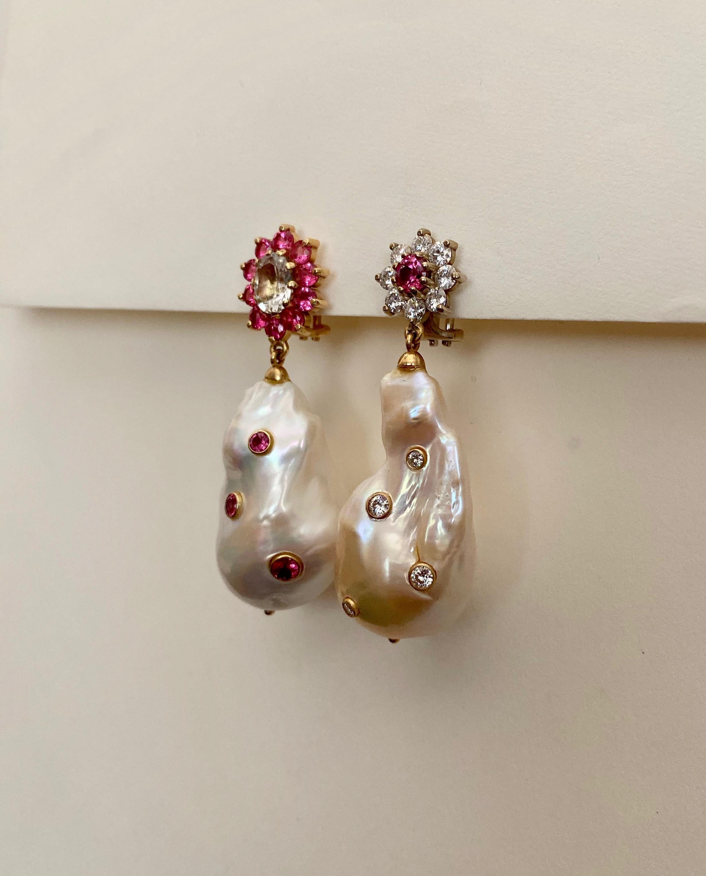 Michael Kneebone Spinel Sapphire Diamond Baroque Pearl Dangle Earrings In New Condition In Austin, TX