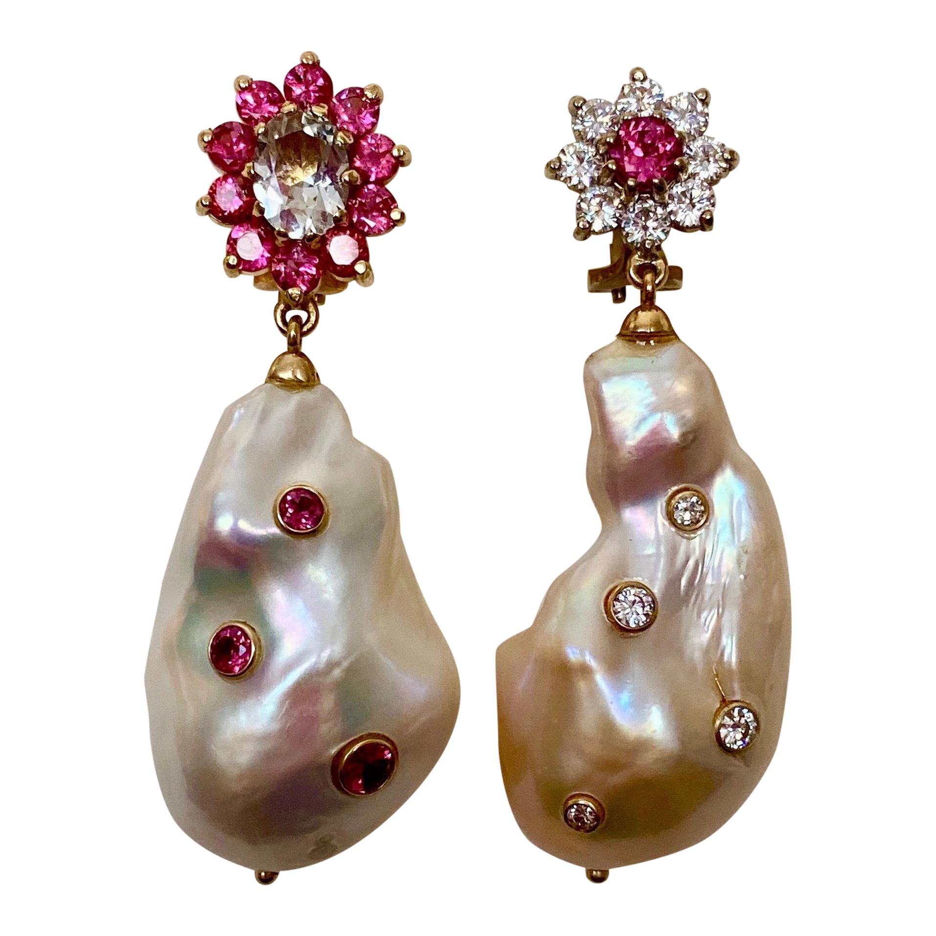 Michael Kneebone Spinel Sapphire Diamond Baroque Pearl Dangle Earrings