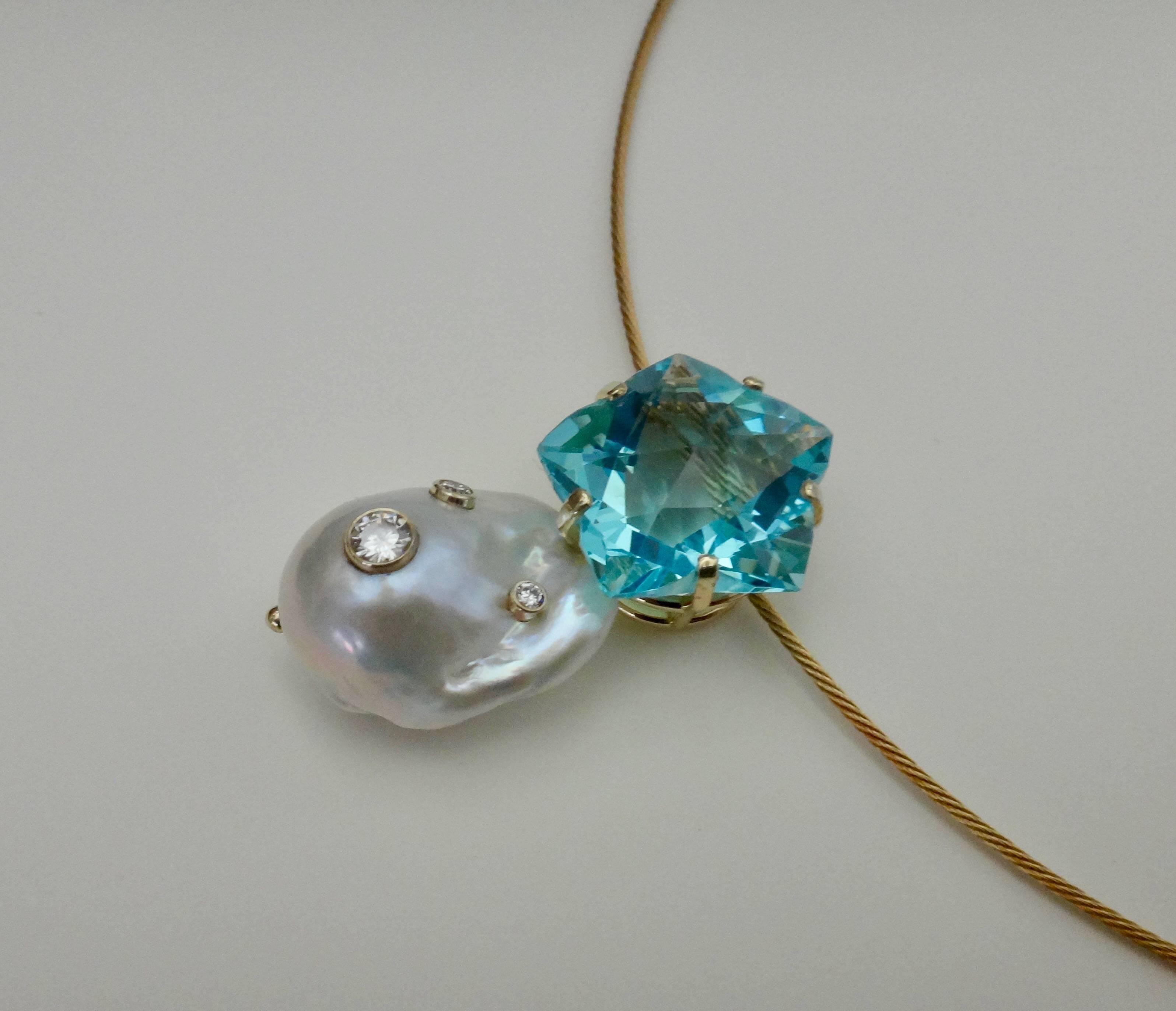 Michael Kneebone Star Cut Blue Topaz Cloud Pearl Diamond Pendant In Excellent Condition In Austin, TX