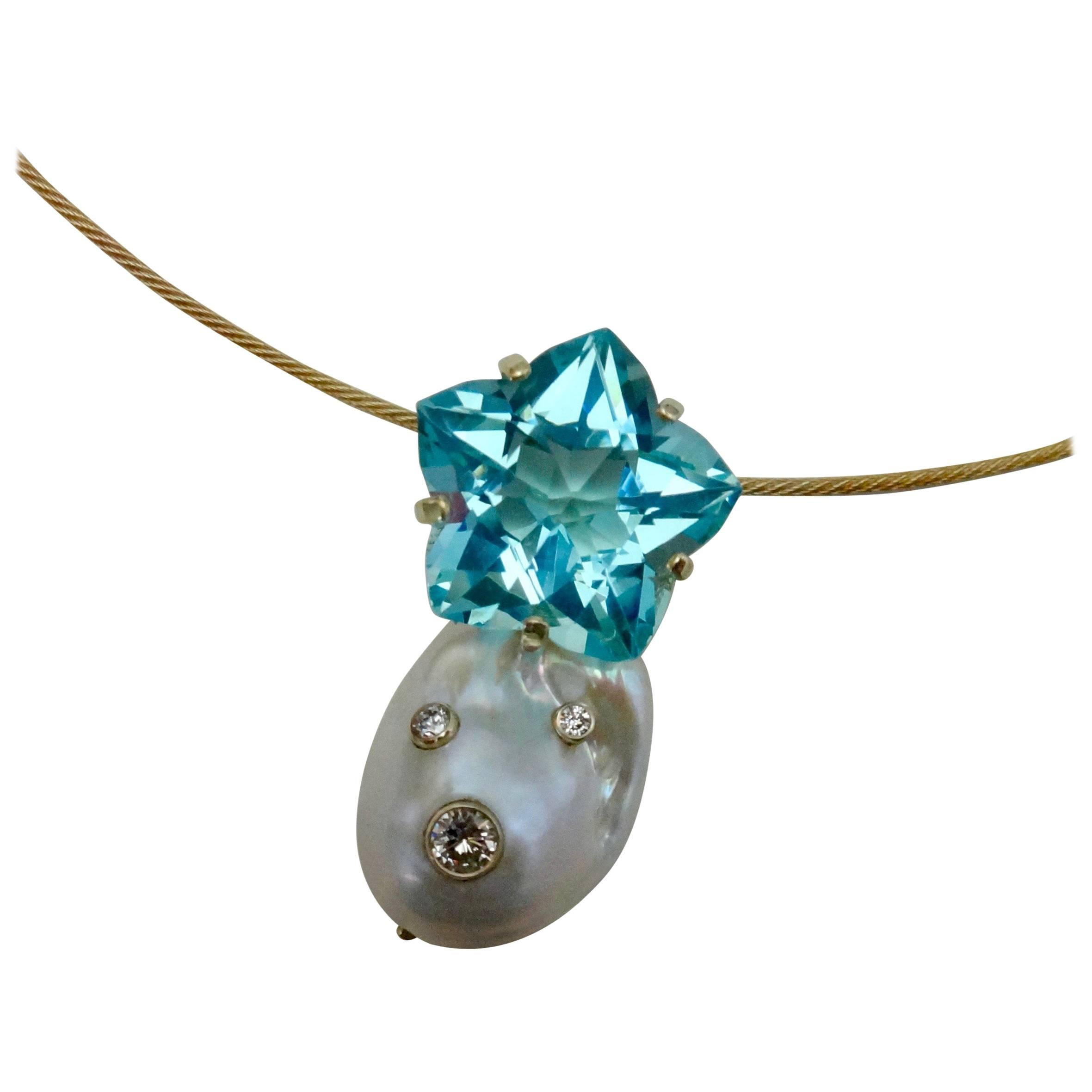 Michael Kneebone Star Cut Blue Topaz Cloud Pearl Diamond Pendant