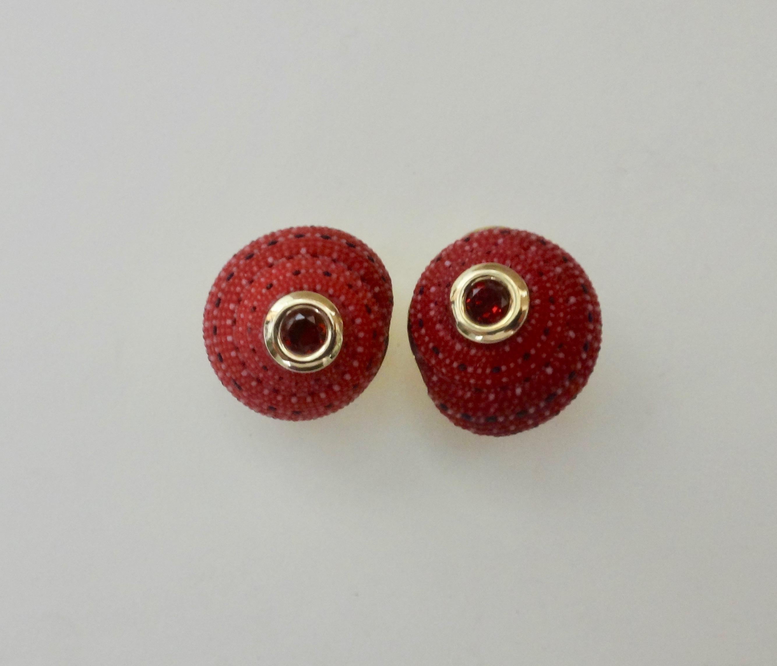 Contemporary Michael Kneebone Strawberry Shell Mozambique Garnet Button Earrings