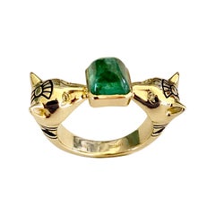 Michael Kneebone Sugarloaf Cabochon Emerald Diamond Egyptian Revival Cat Ring