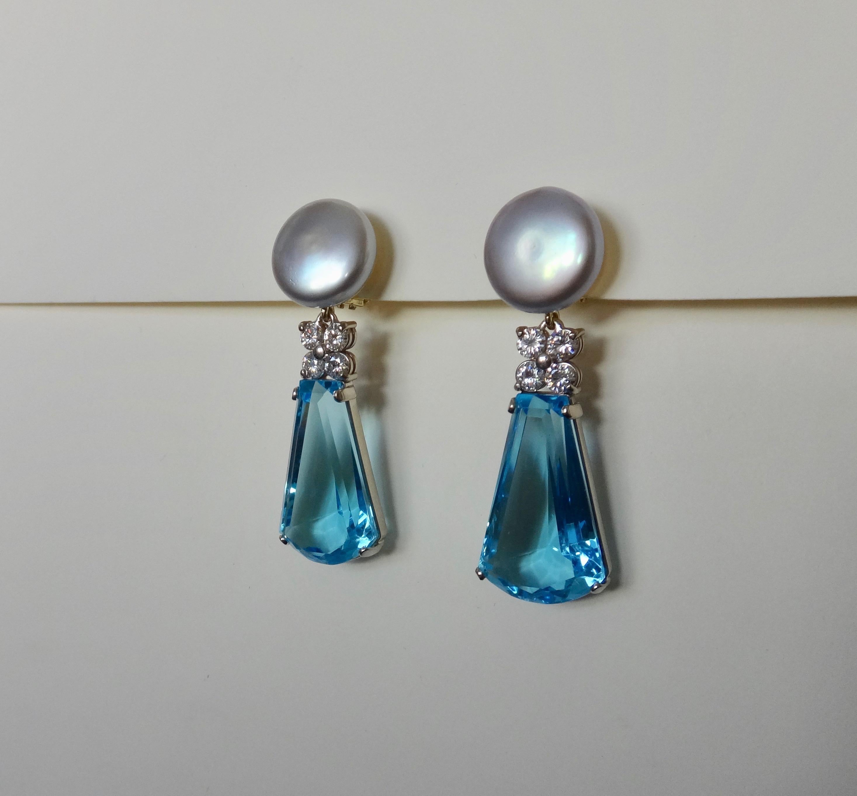 Contemporary Michael Kneebone Swiss Blue Topaz Diamond Gray Pearl Dangle Earrings