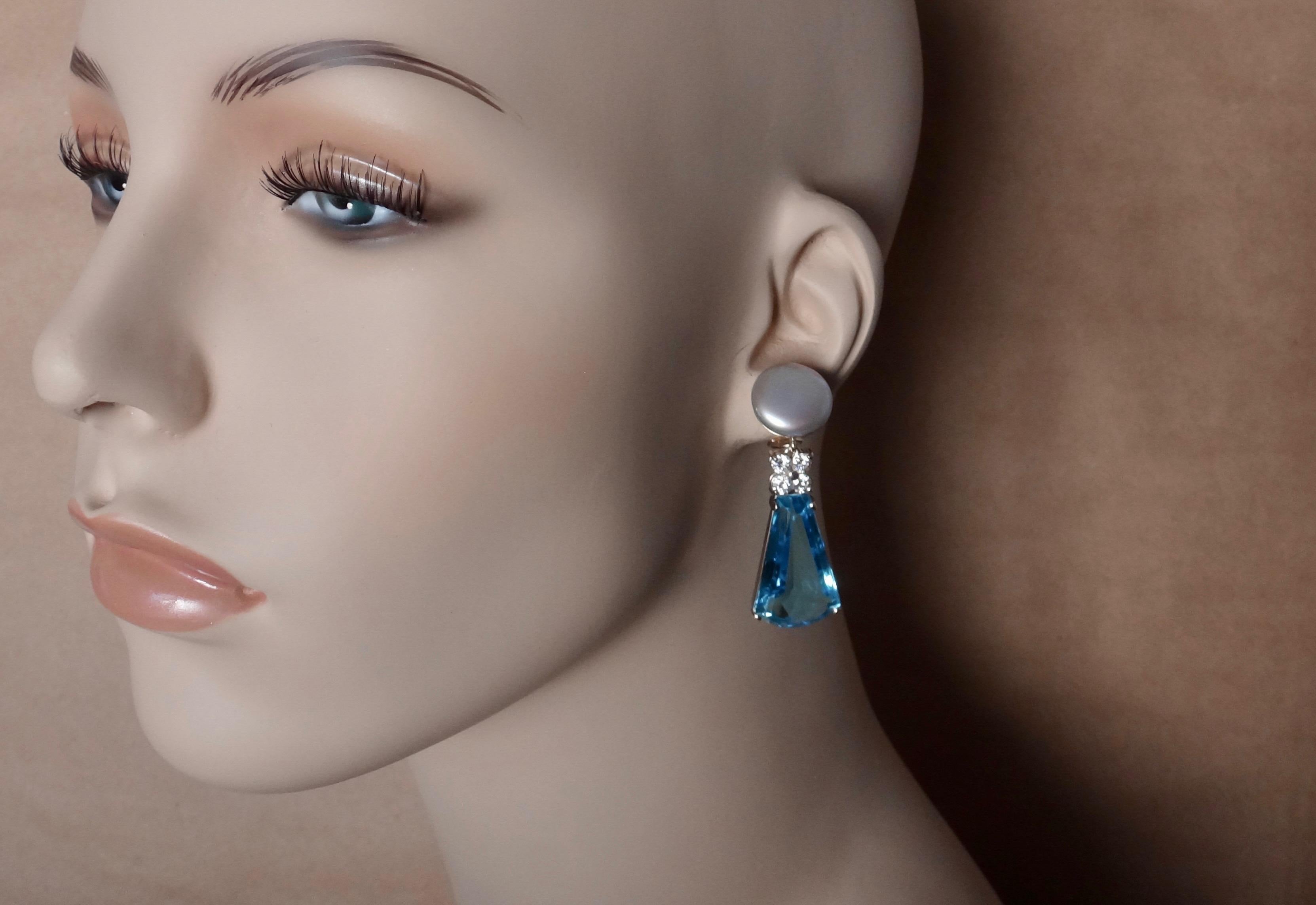 Michael Kneebone Swiss Blue Topaz Diamond Gray Pearl Dangle Earrings In New Condition In Austin, TX