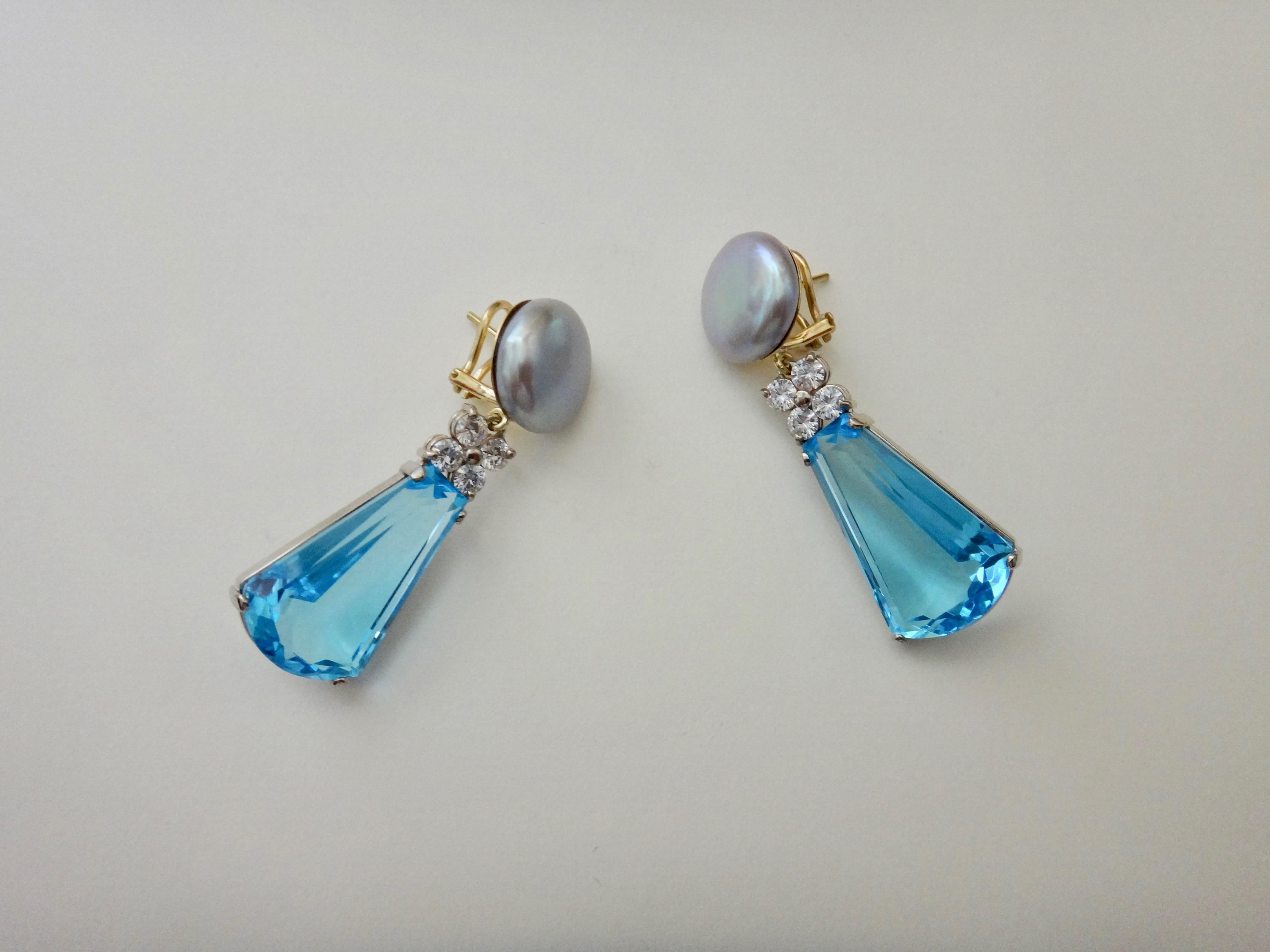 Women's Michael Kneebone Swiss Blue Topaz Diamond Gray Pearl Dangle Earrings