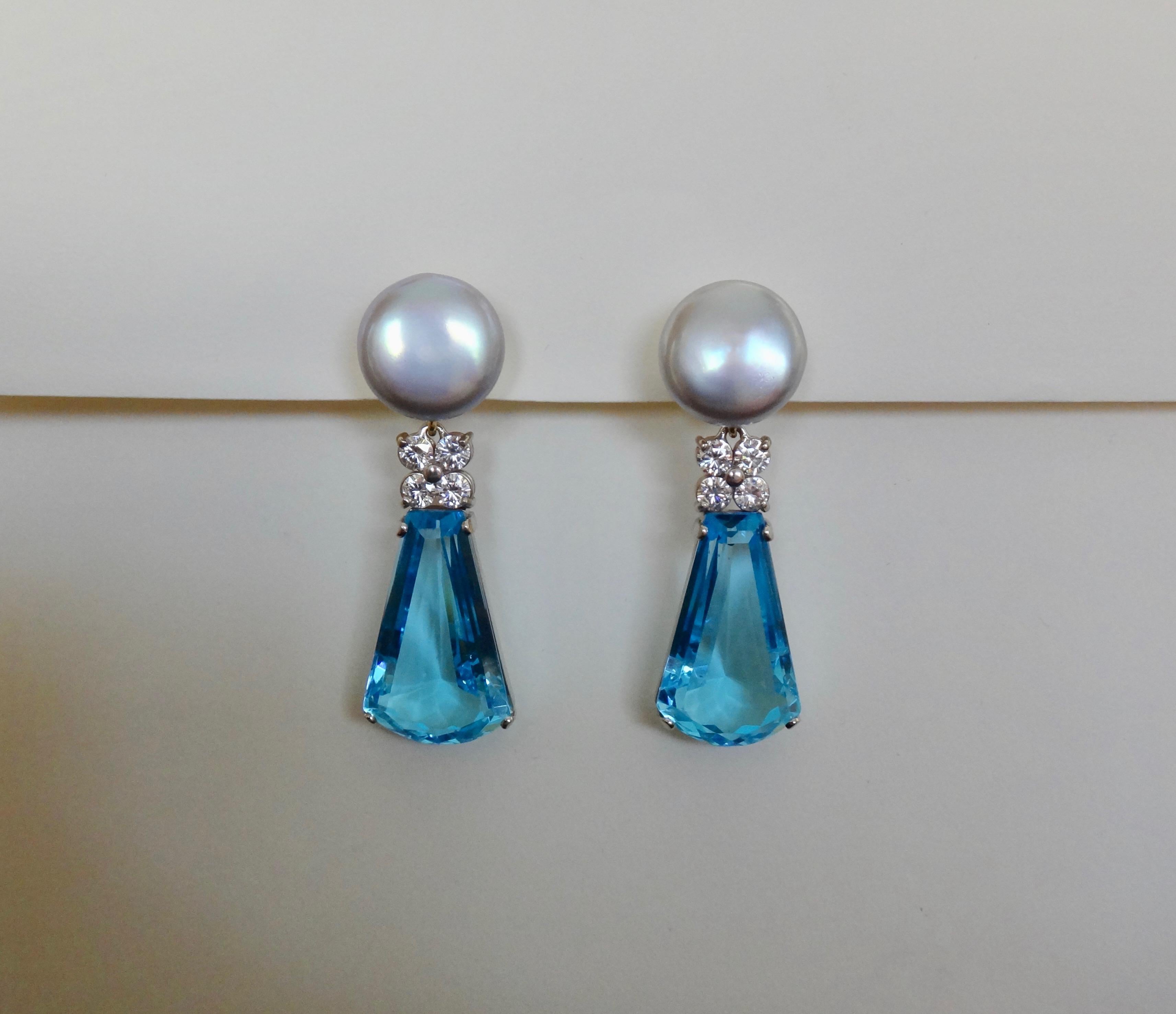 Michael Kneebone Swiss Blue Topaz Diamond Gray Pearl Dangle Earrings 2