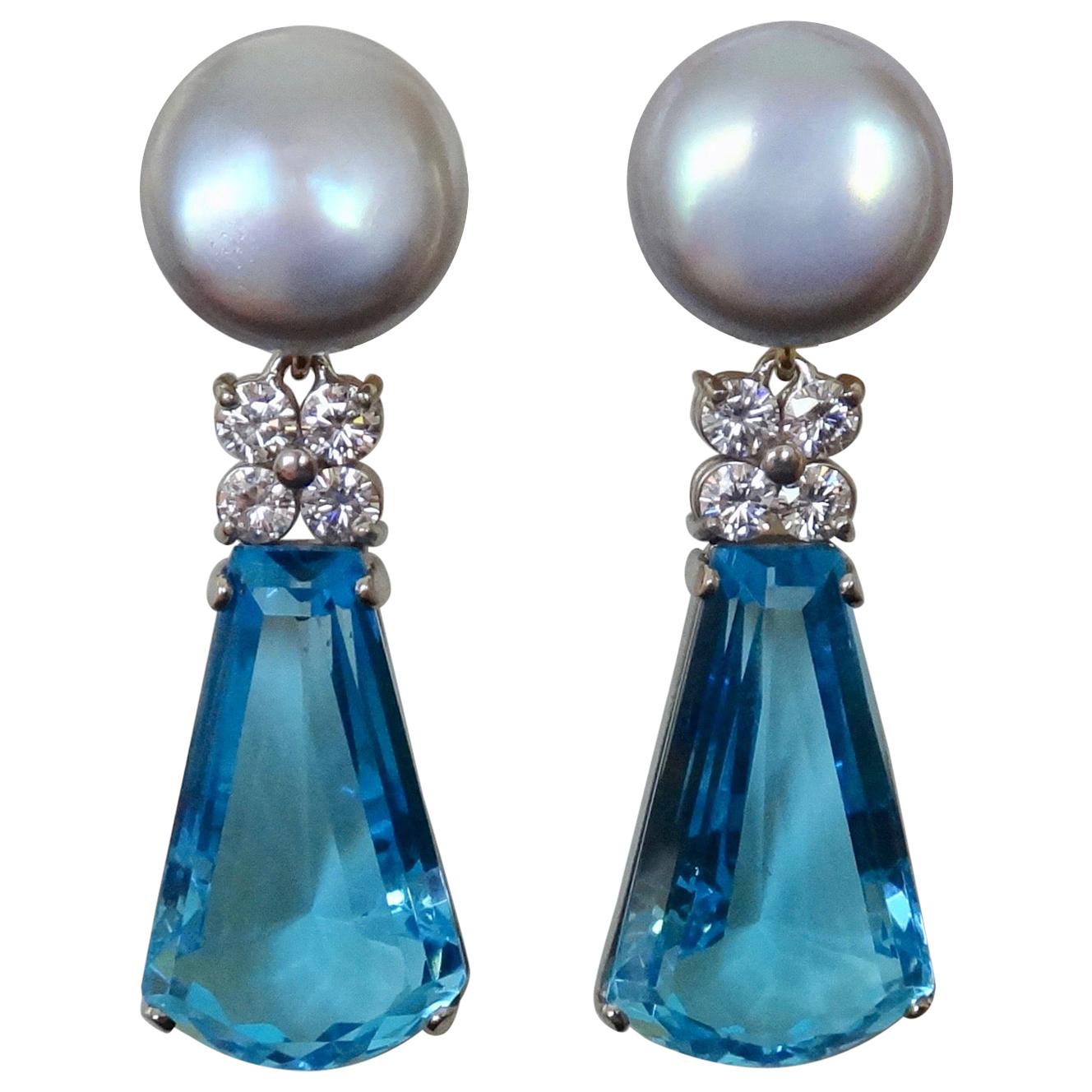 Michael Kneebone Swiss Blue Topaz Diamond Gray Pearl Dangle Earrings