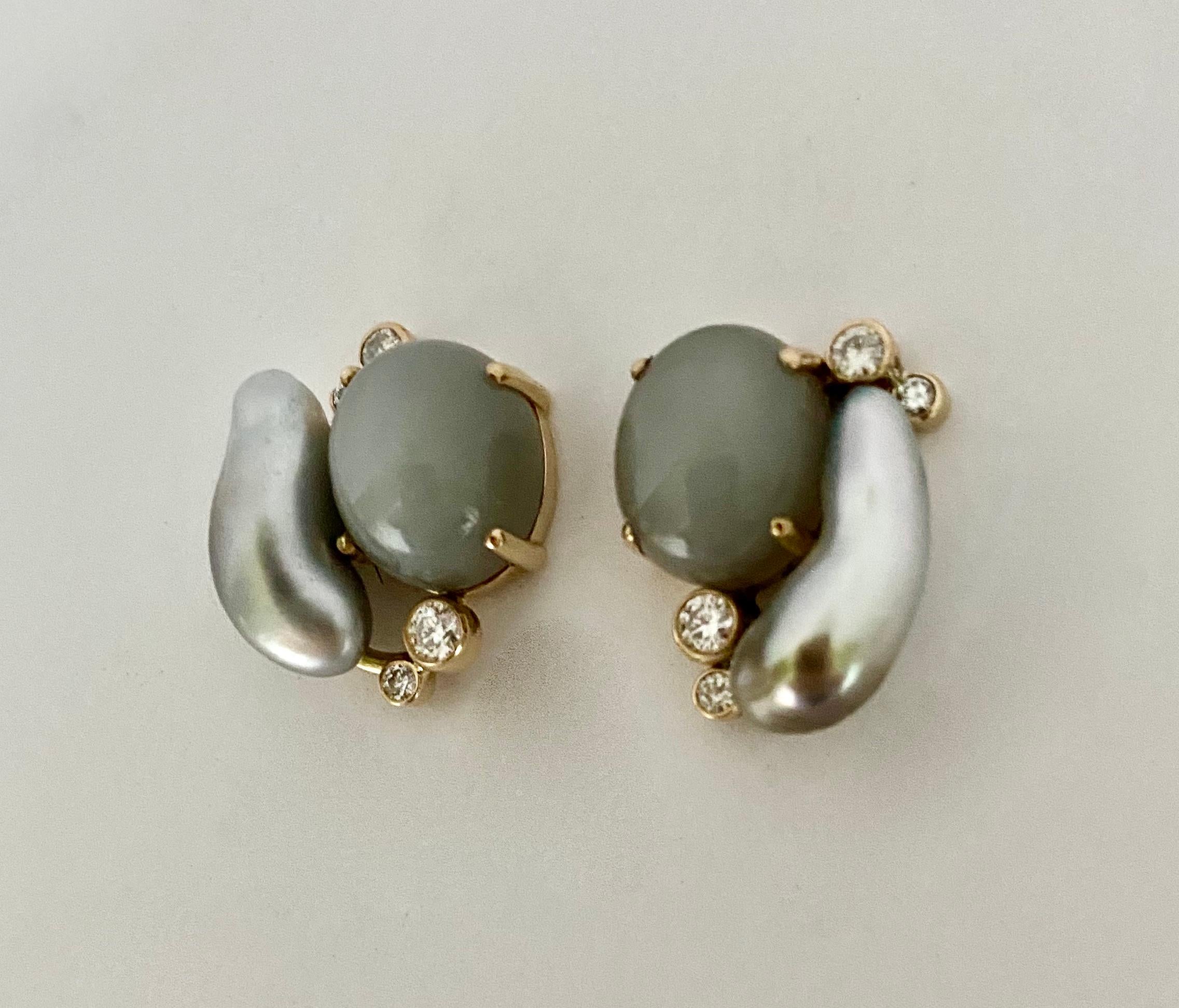 Michael Kneebone Tahitian Keshi Pearl Diamond Gray Moonstone Earrings For Sale 4