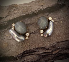 Michael Kneebone Tahitian Keshi Pearl Diamond Gray Moonstone Earrings