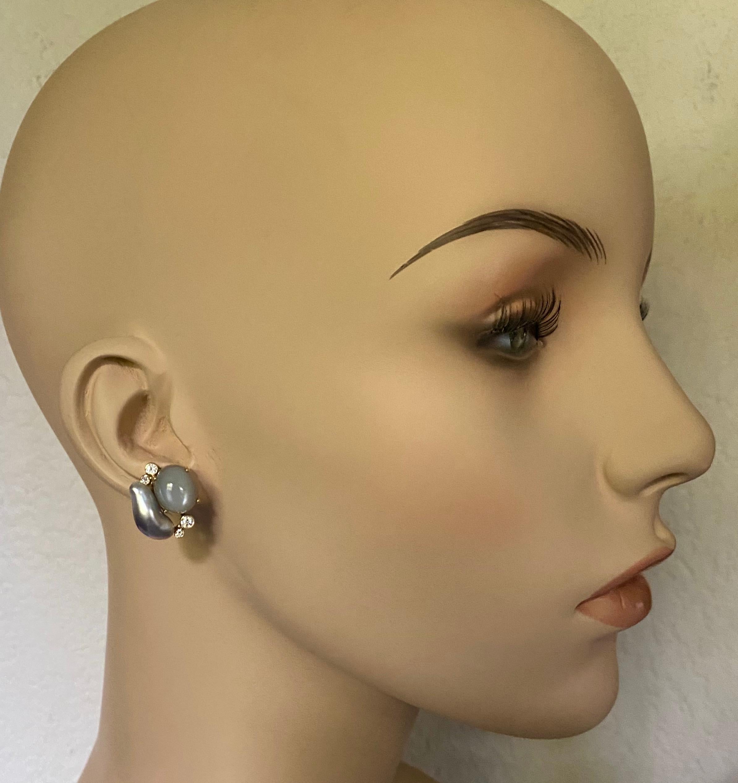 Contemporary Michael Kneebone Tahitian Keshi Pearl Diamond Gray Moonstone Earrings For Sale