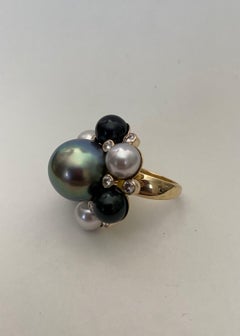 Michael Kneebone Tahitian Pearl Akoya Pearl Diamond Turban Cocktail Ring