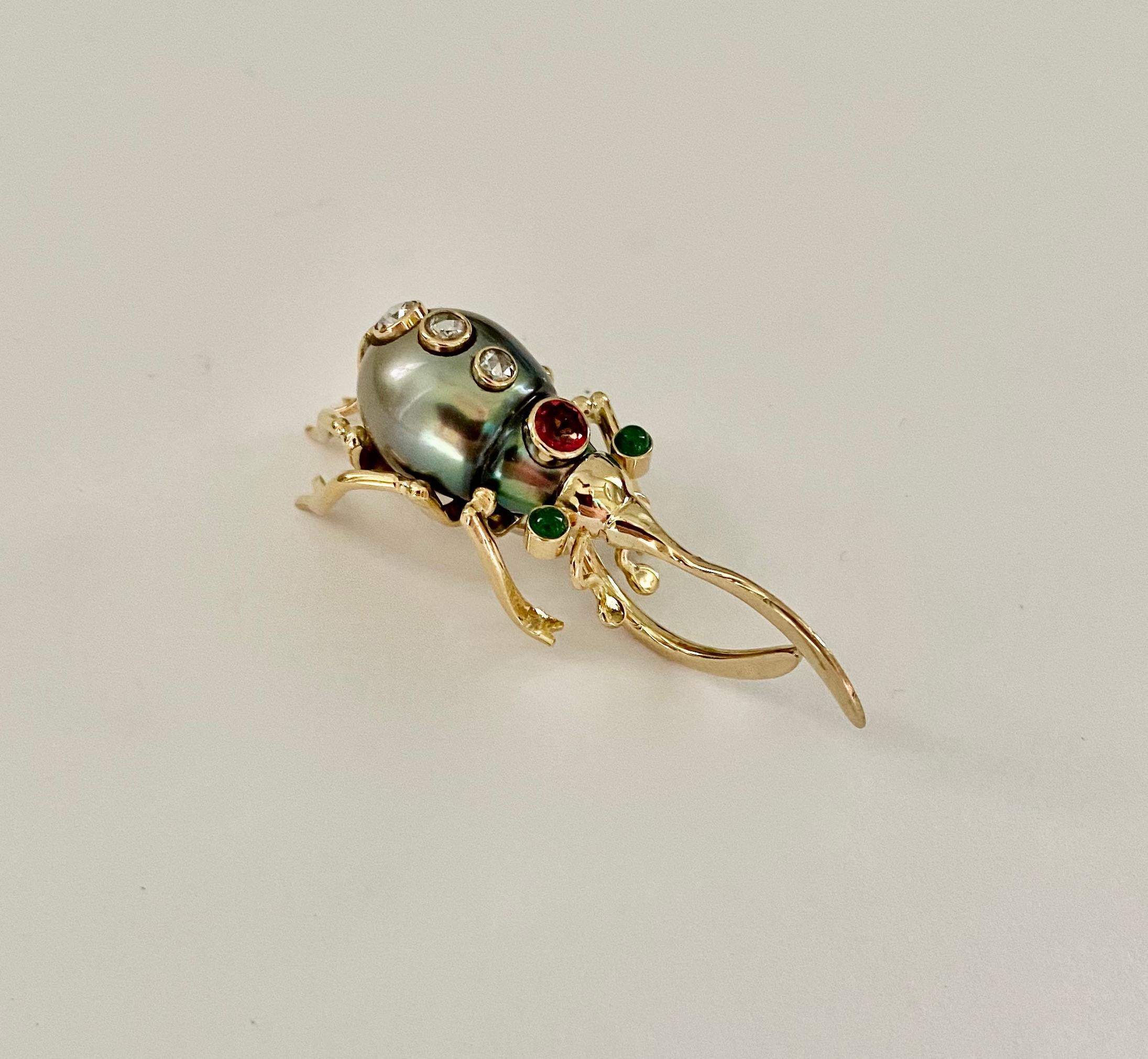 A very baroque Tahitian pearl was the inspiration for this dynamic Hercules Beetle brooch.  Baroque pearls have been incorporated into fantastical jewelry for centuries, peaking in popularity during the Renaissance period. This modern interpretation