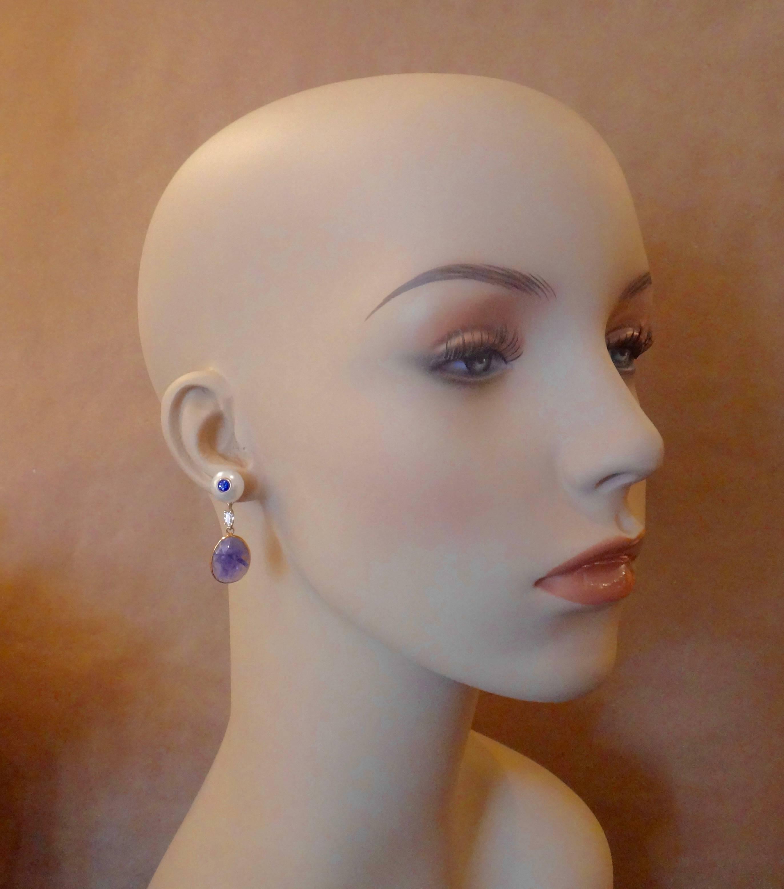 Michael Kneebone Tanzanite Button Pearl Blue Sapphire Diamond Drop Earrings 1