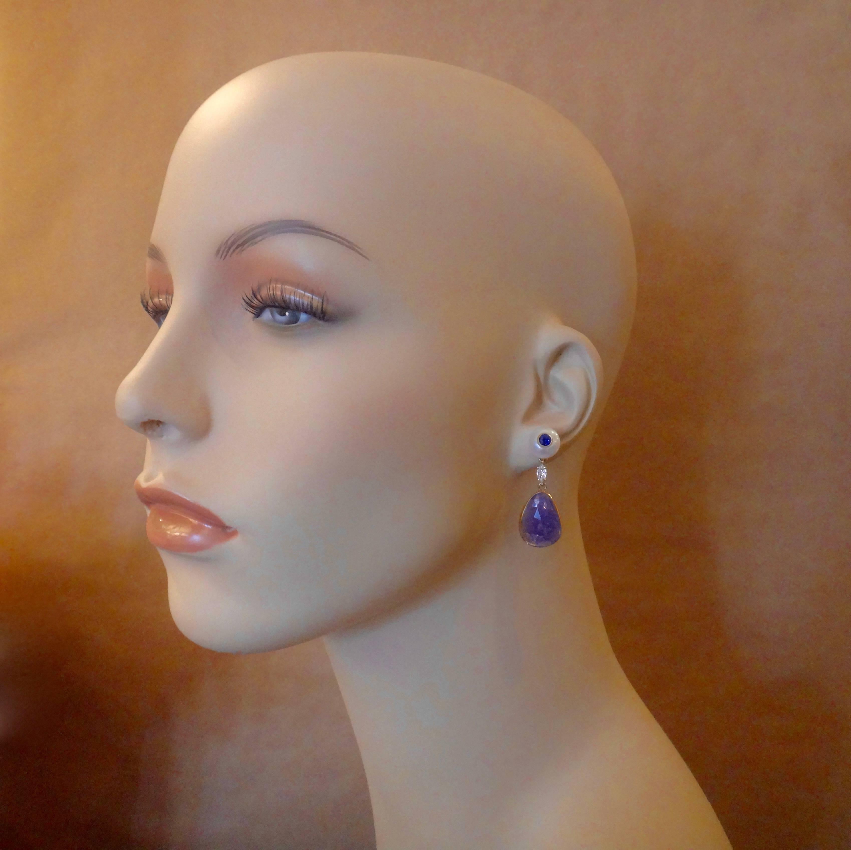 Michael Kneebone Tanzanite Button Pearl Blue Sapphire Diamond Drop Earrings 2