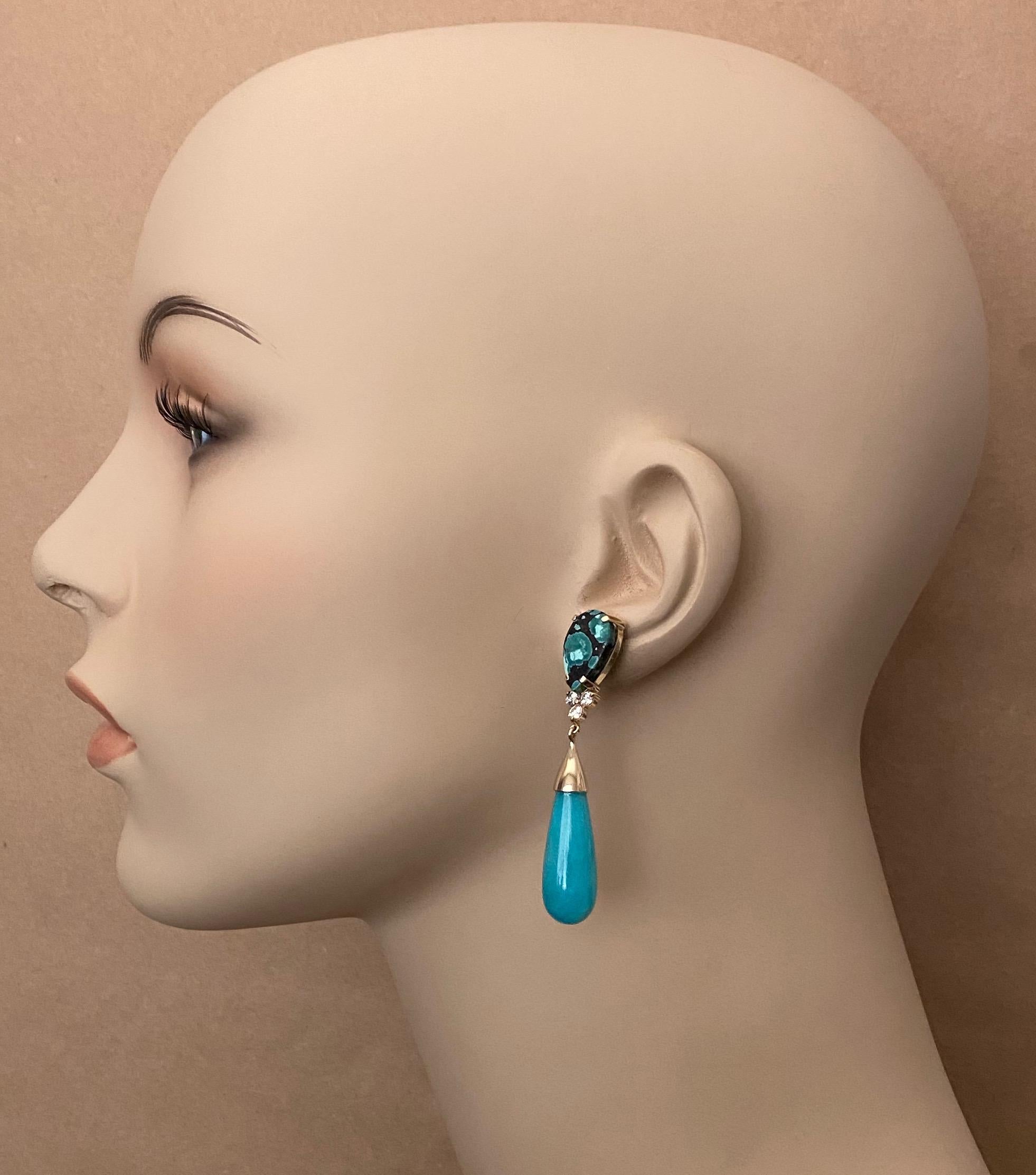 Michael Kneebone Tibetan Turquoise Diamond Amazonite Dangle Earrings For Sale 1