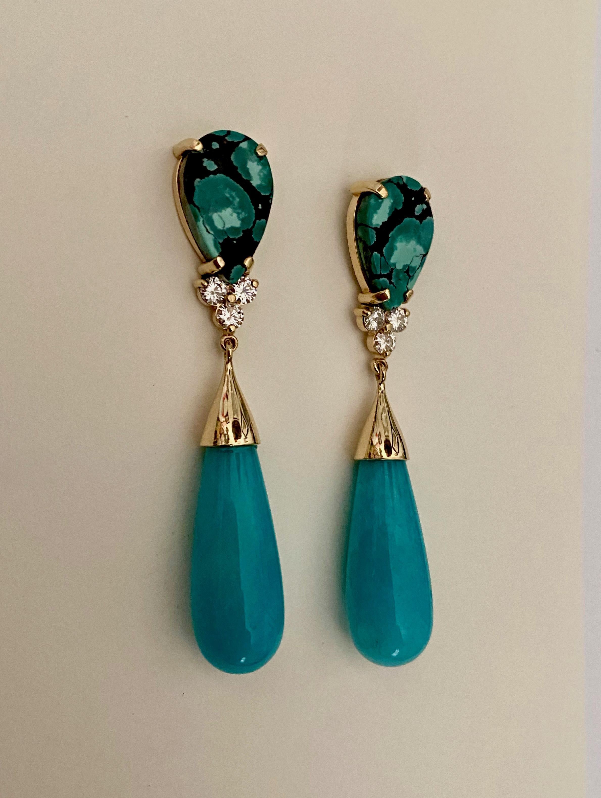 Mixed Cut Michael Kneebone Tibetan Turquoise Diamond Amazonite Dangle Earrings For Sale
