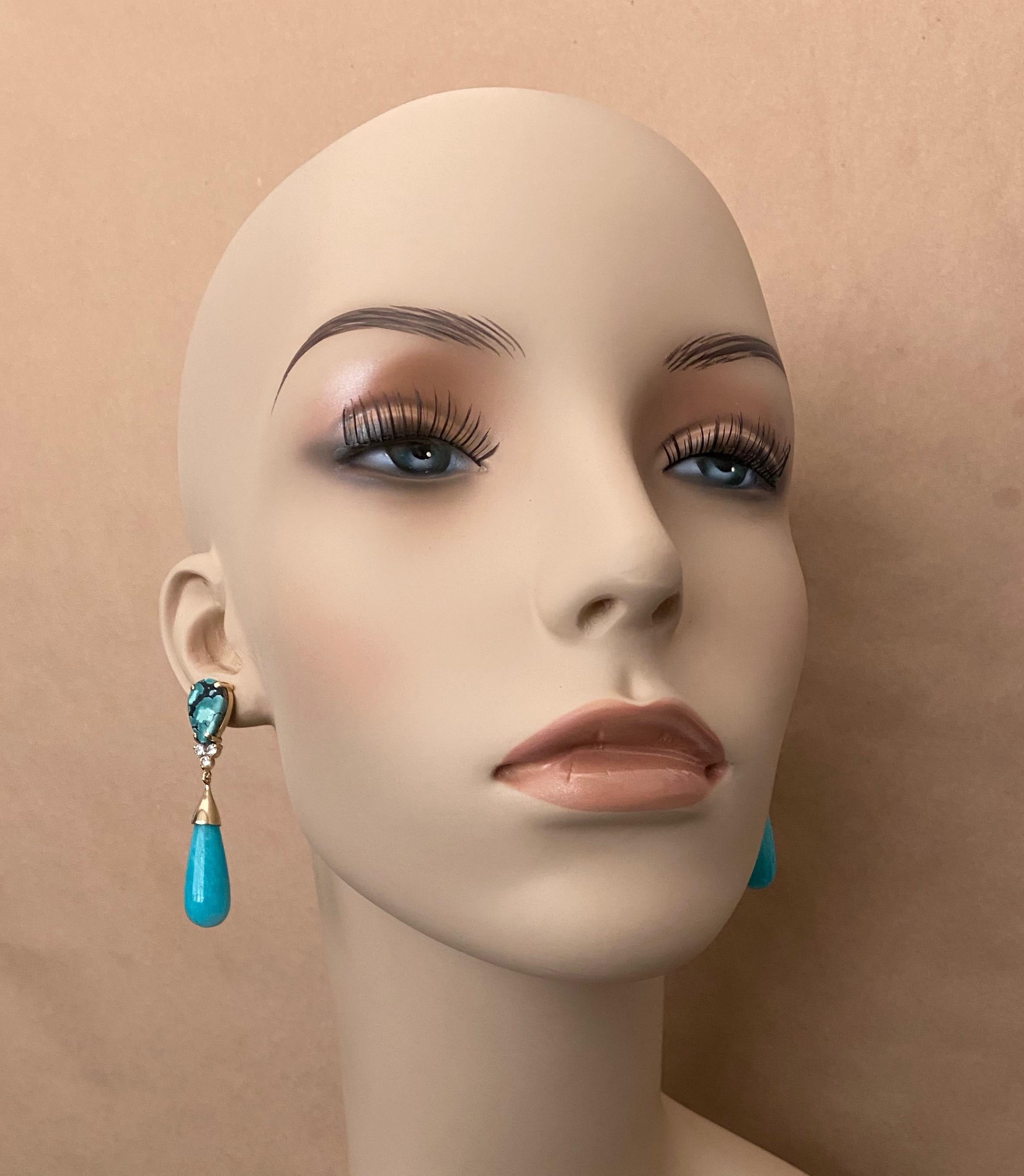 Michael Kneebone Tibetan Turquoise Diamond Amazonite Dangle Earrings In New Condition For Sale In Austin, TX