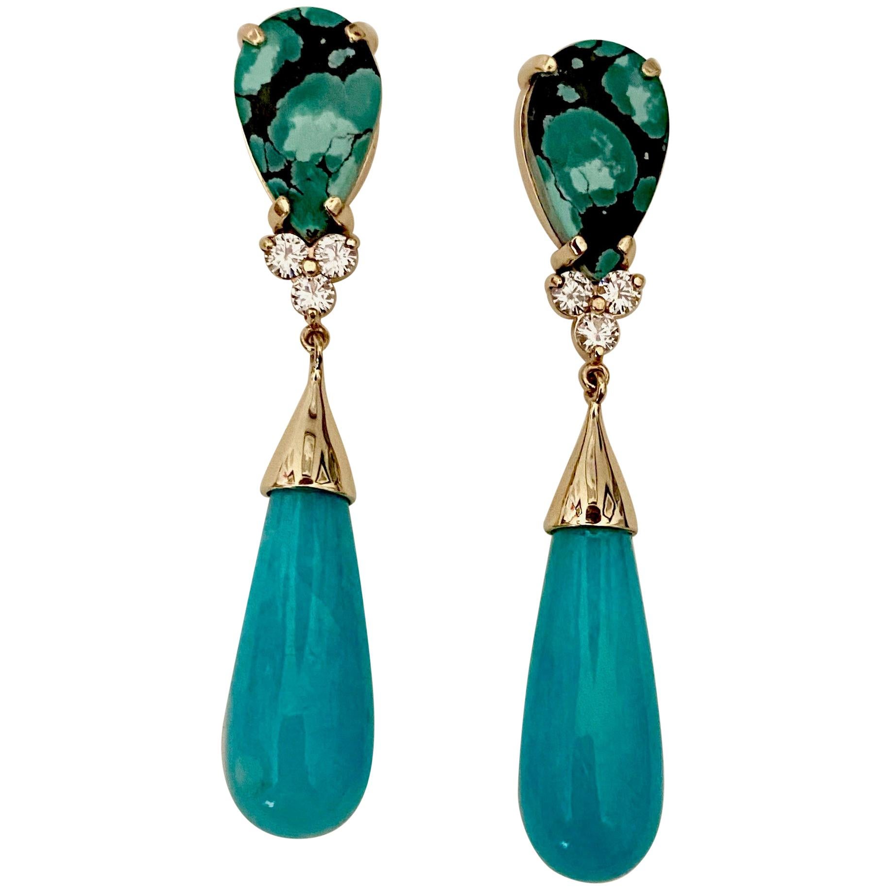 Michael Kneebone Tibetan Turquoise Diamond Amazonite Dangle Earrings For Sale