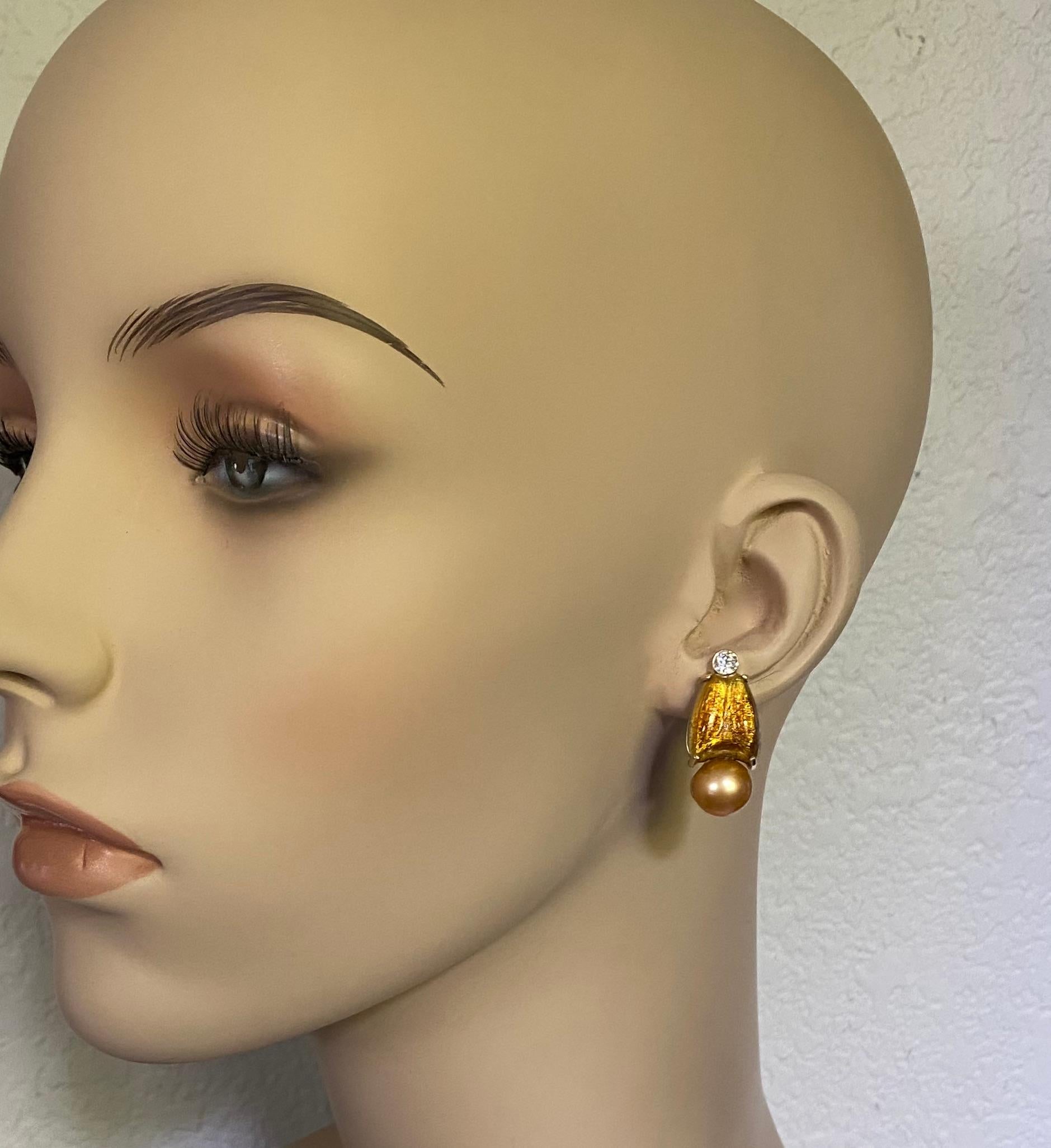 Mixed Cut Michael Kneebone Tiffany Art Glass Golden South Seas Pearl Diamond Drop Earrings For Sale