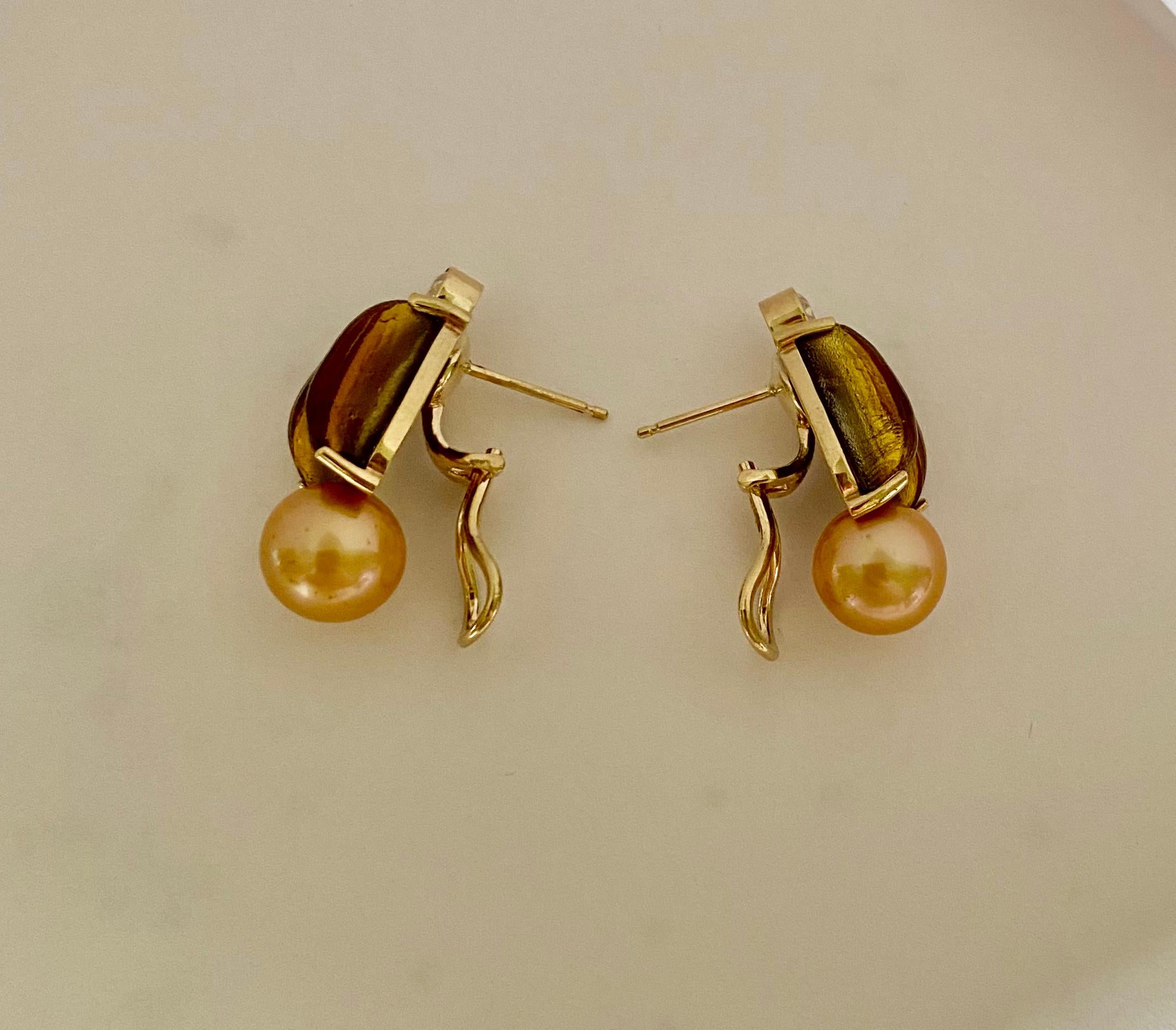 Mixed Cut Michael Kneebone Tiffany Art Glass Golden South Seas Pearl Diamond Drop Earrings For Sale