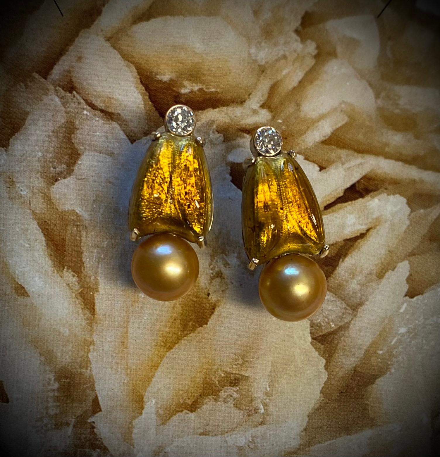 Women's Michael Kneebone Tiffany Art Glass Golden South Seas Pearl Diamond Drop Earrings For Sale