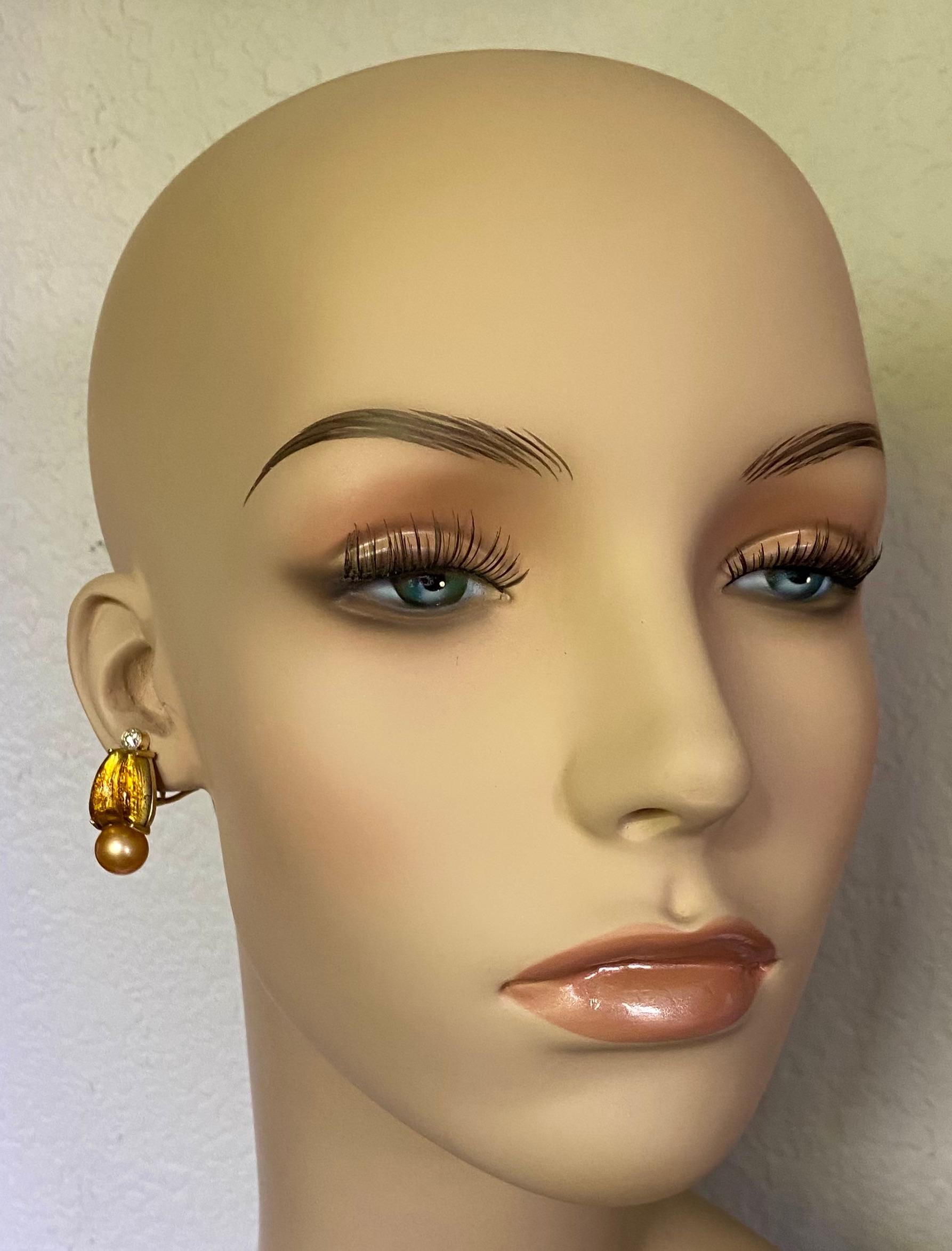 Women's Michael Kneebone Tiffany Art Glass Golden South Seas Pearl Diamond Drop Earrings For Sale