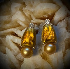 Michael Kneebone Tiffany Art Glass Golden South Seas Pearl Diamond Drop Earrings