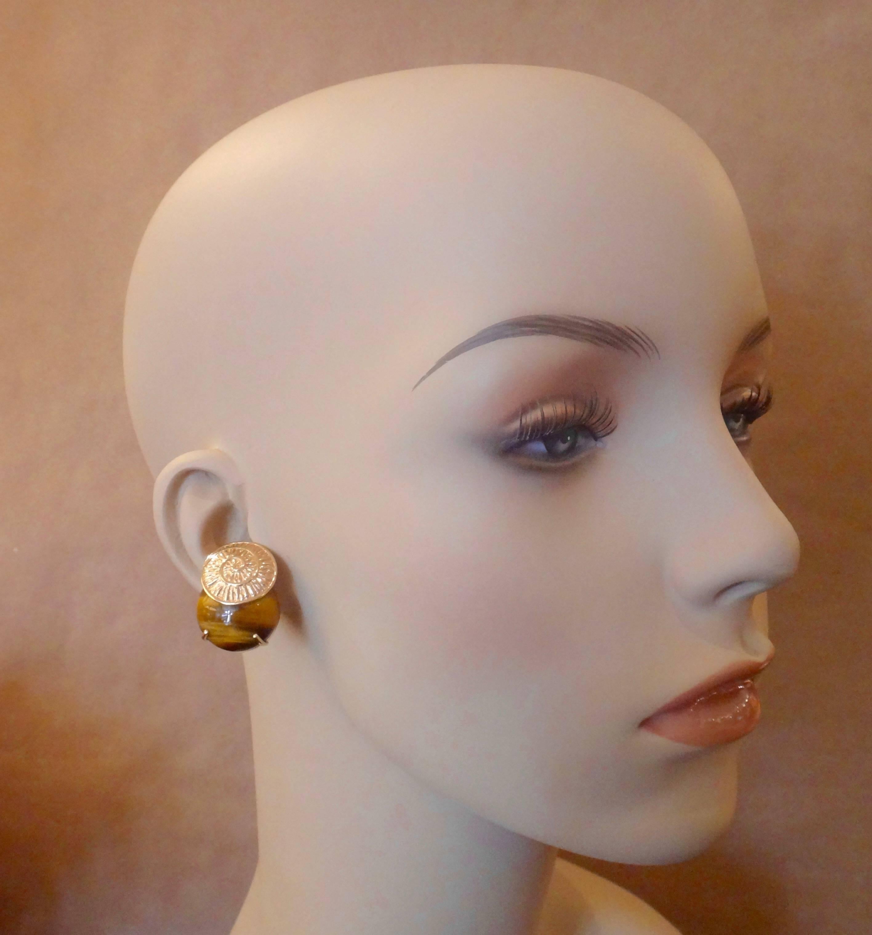 Michael Kneebone Tiger's Eye Gold Spiral Button Earrings 1