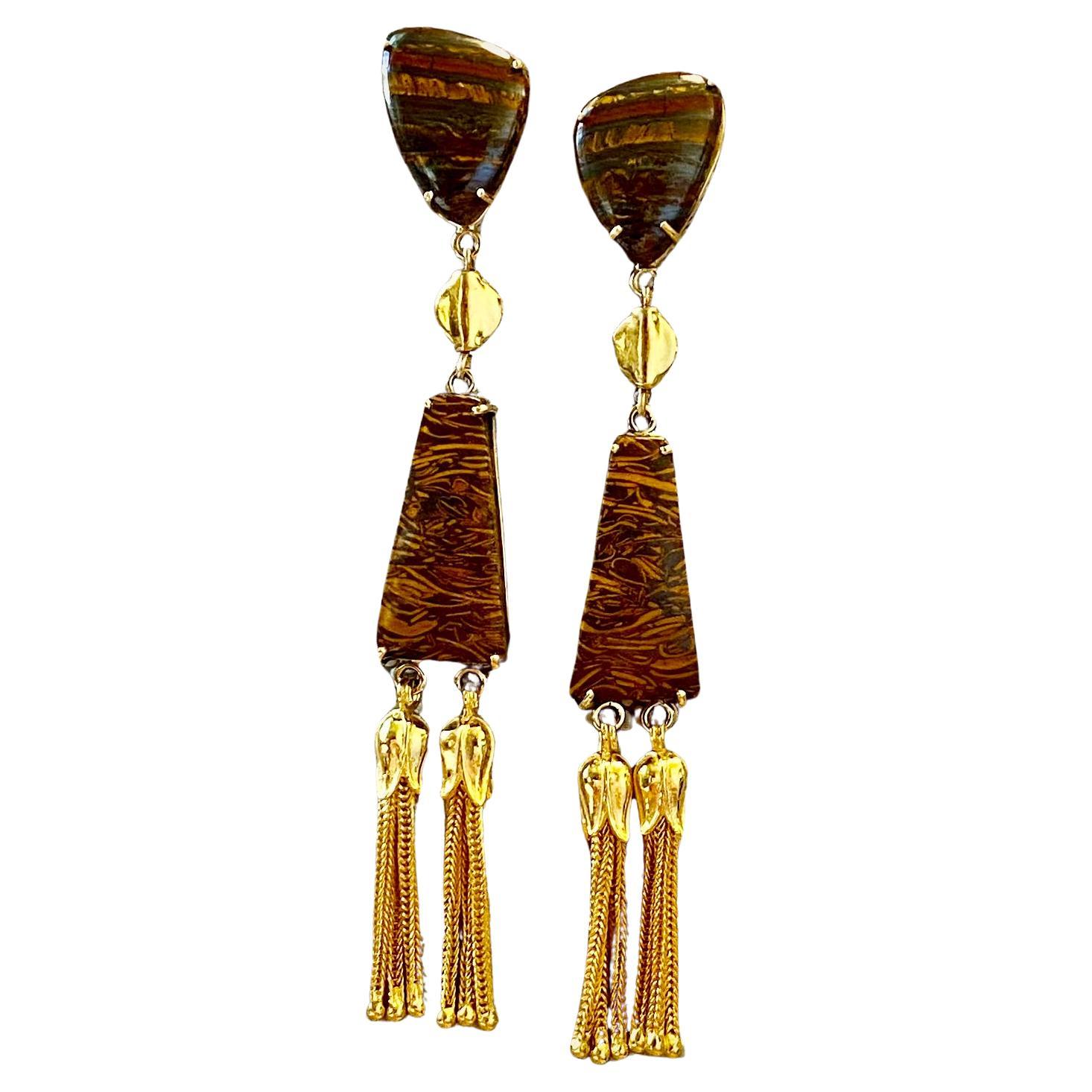 Michael Kneebone Tigers Eye Jasper Cleopatra Tassel Dangle Earrings