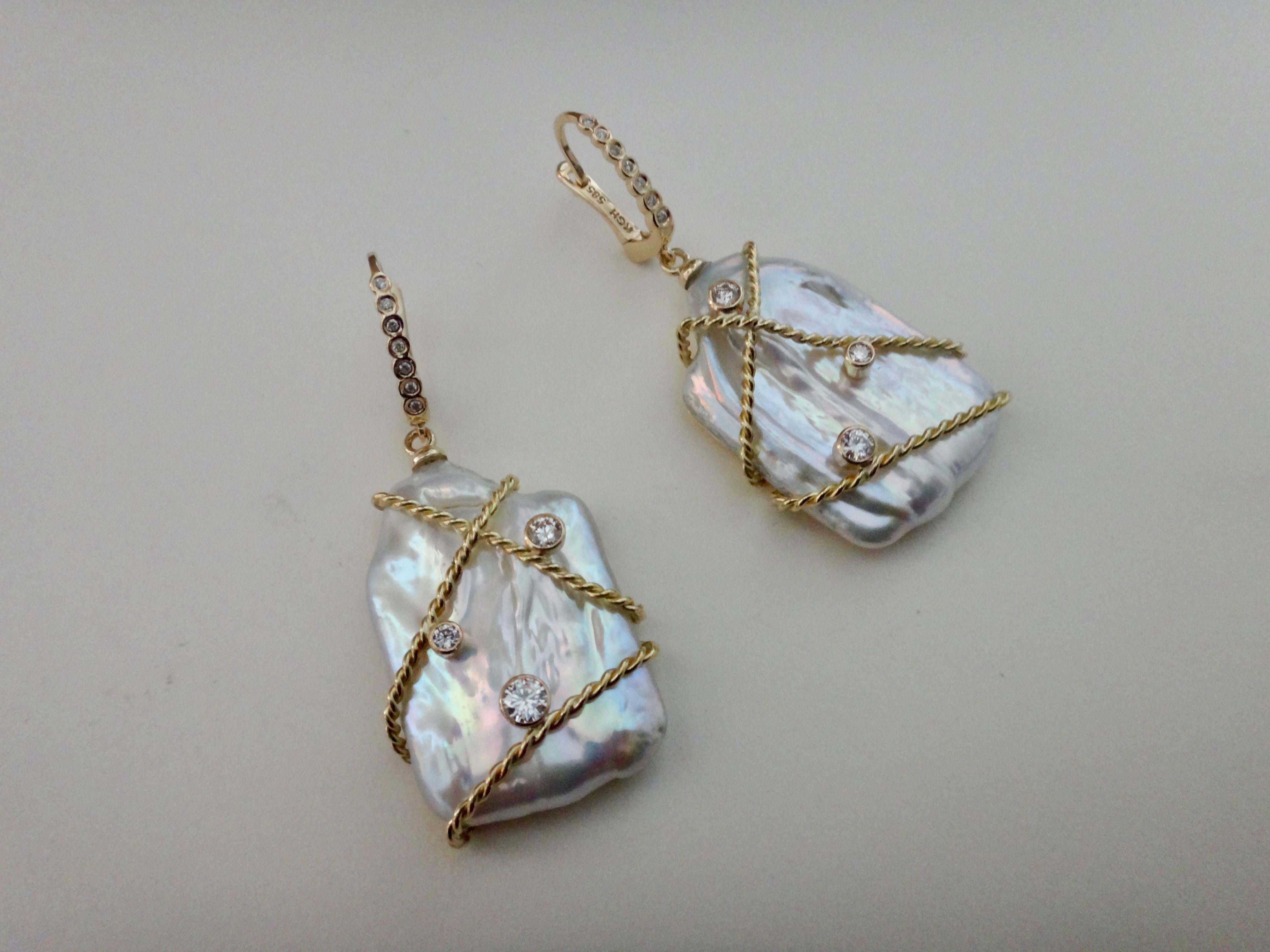 Contemporary Michael Kneebone Tile Pearl White Diamond 18 Karat Gold Dangle Earrings