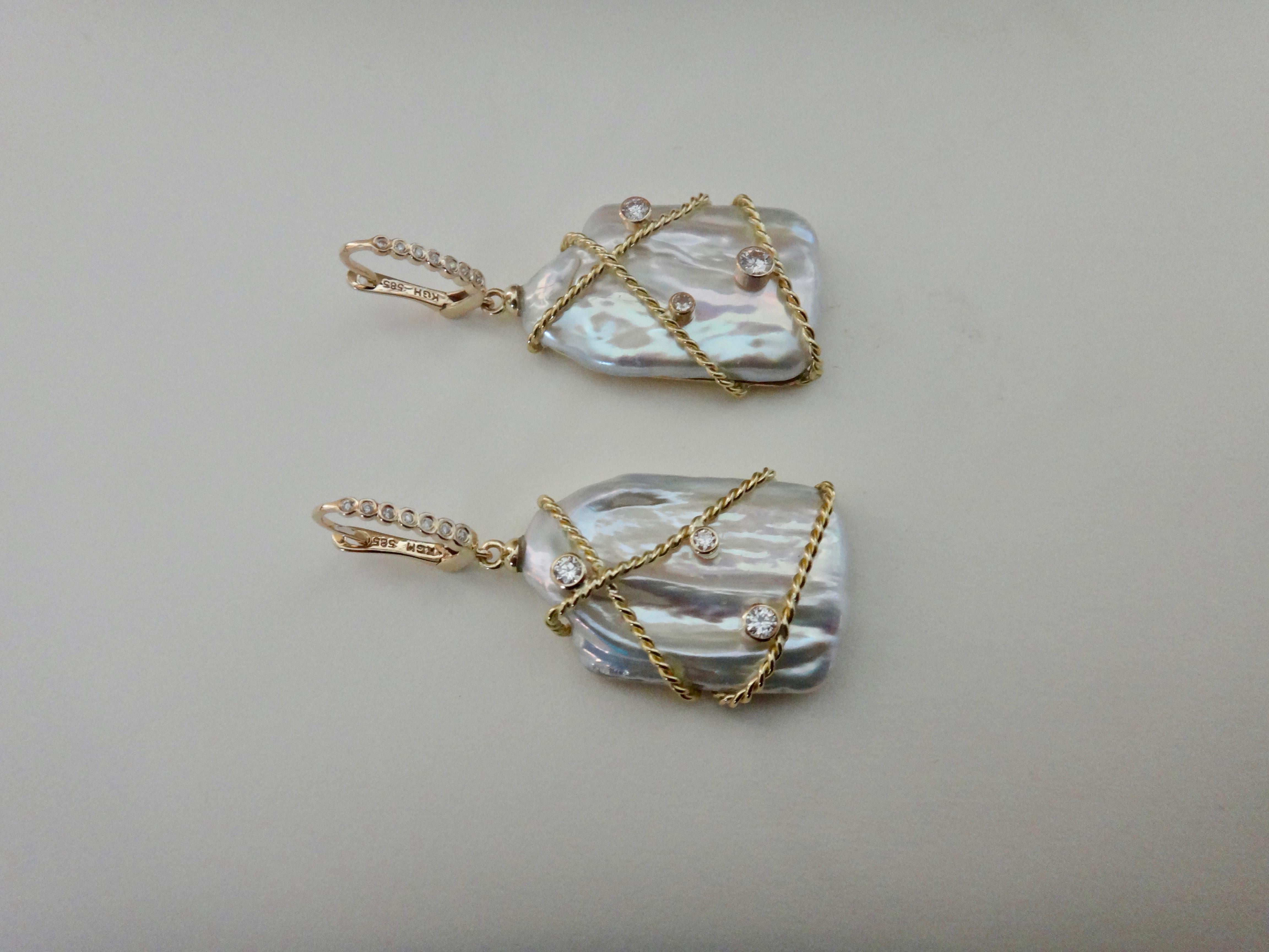 Michael Kneebone Tile Pearl White Diamond 18 Karat Gold Dangle Earrings In New Condition In Austin, TX
