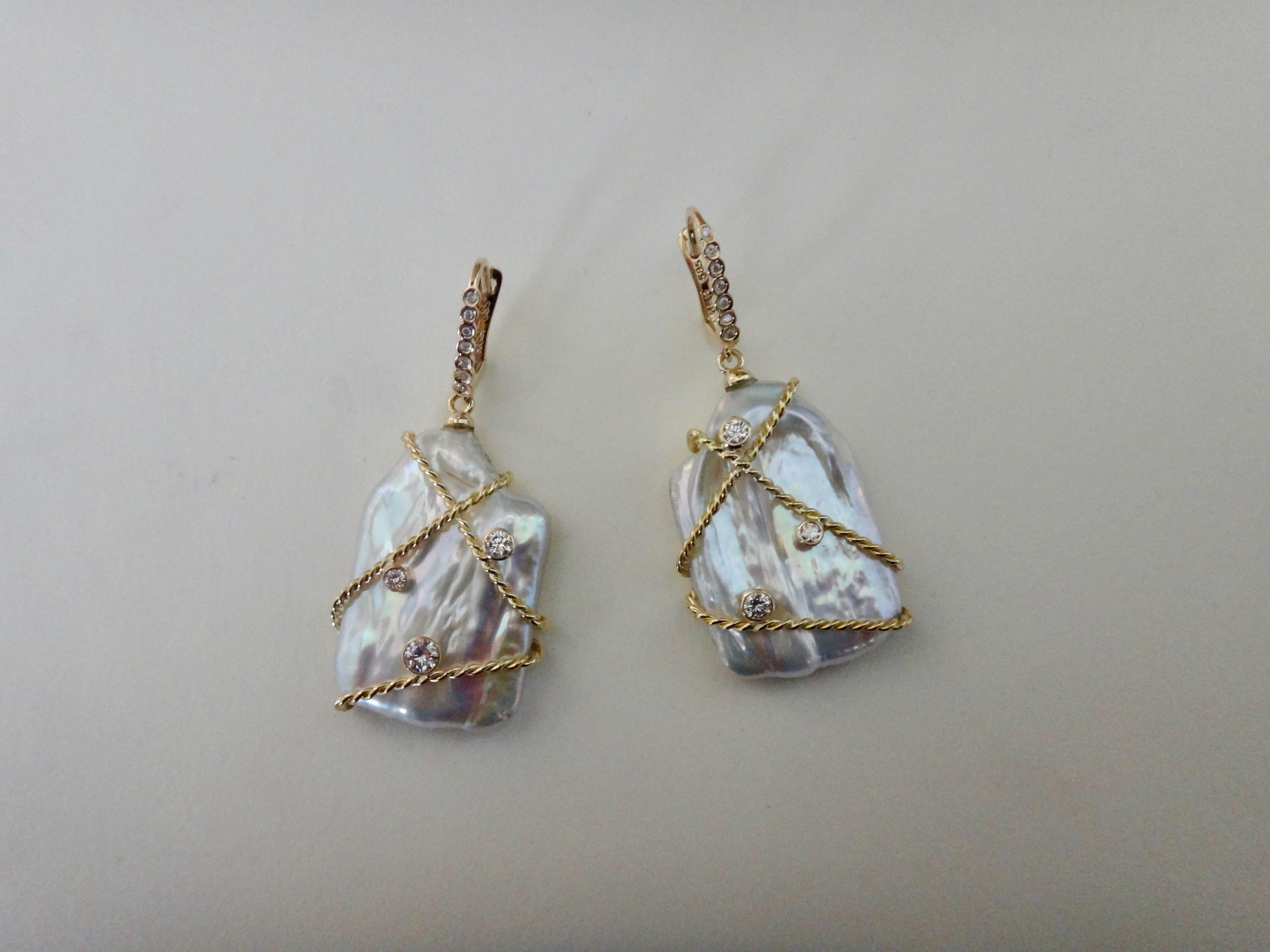 Michael Kneebone Tile Pearl White Diamond 18 Karat Gold Dangle Earrings 1