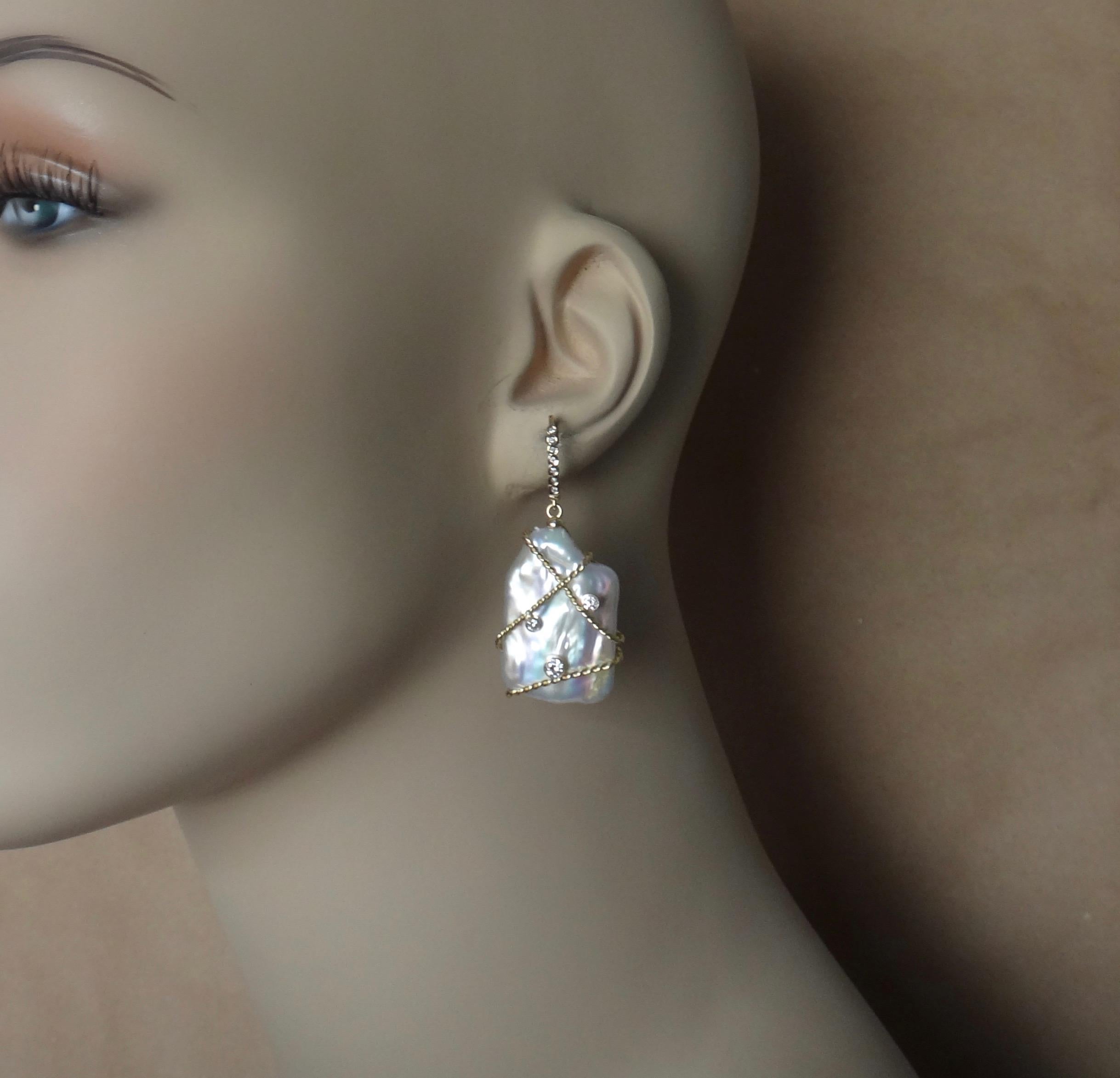 Michael Kneebone Tile Pearl White Diamond 18 Karat Gold Dangle Earrings 2