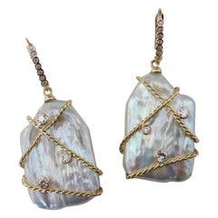 Michael Kneebone Tile Pearl White Diamond 18 Karat Gold Dangle Earrings