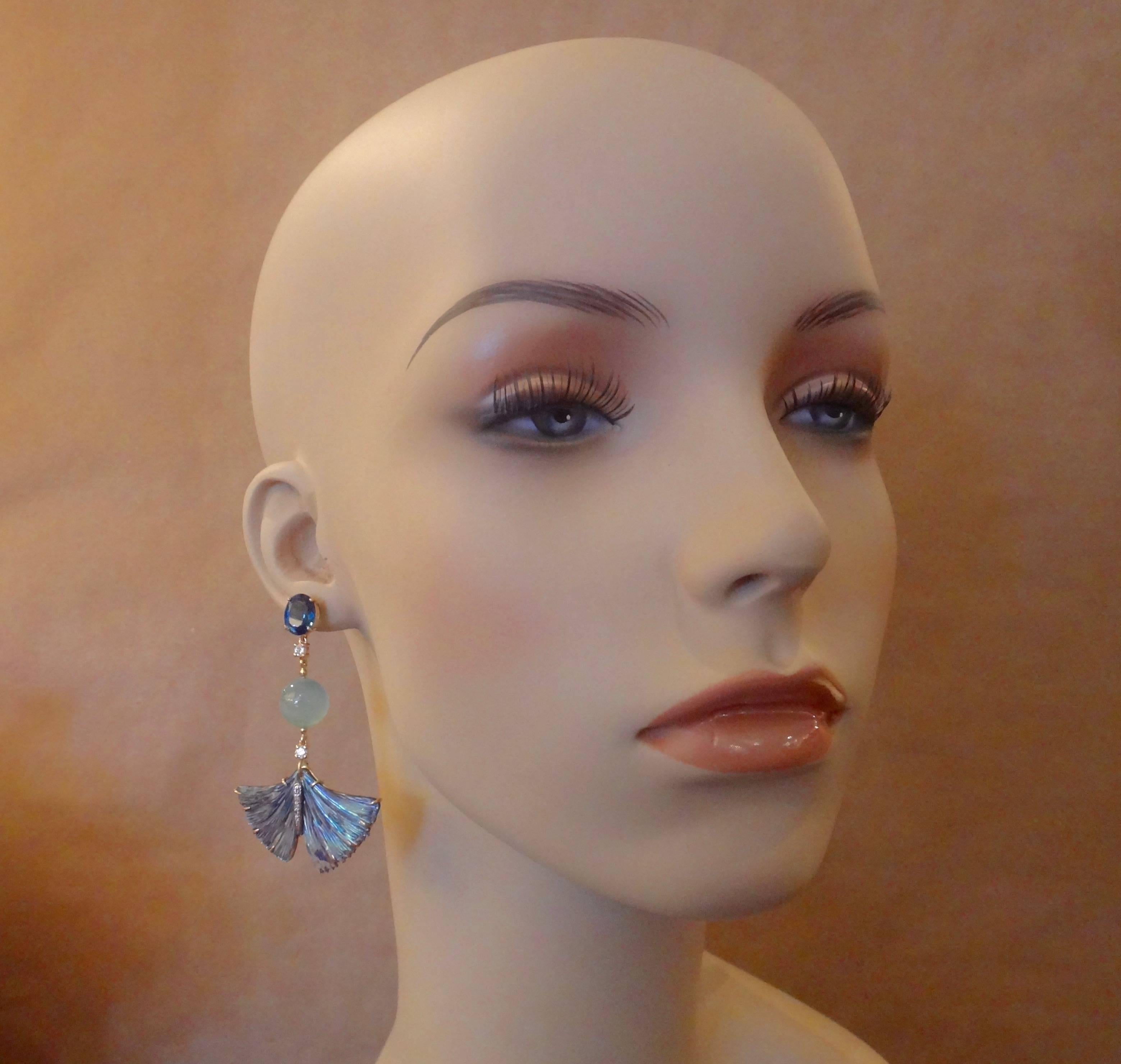 Mixed Cut Michael Kneebone Topaz Aquamarine Diamond Abalone Ginkgo Leaf Dangle Earrings