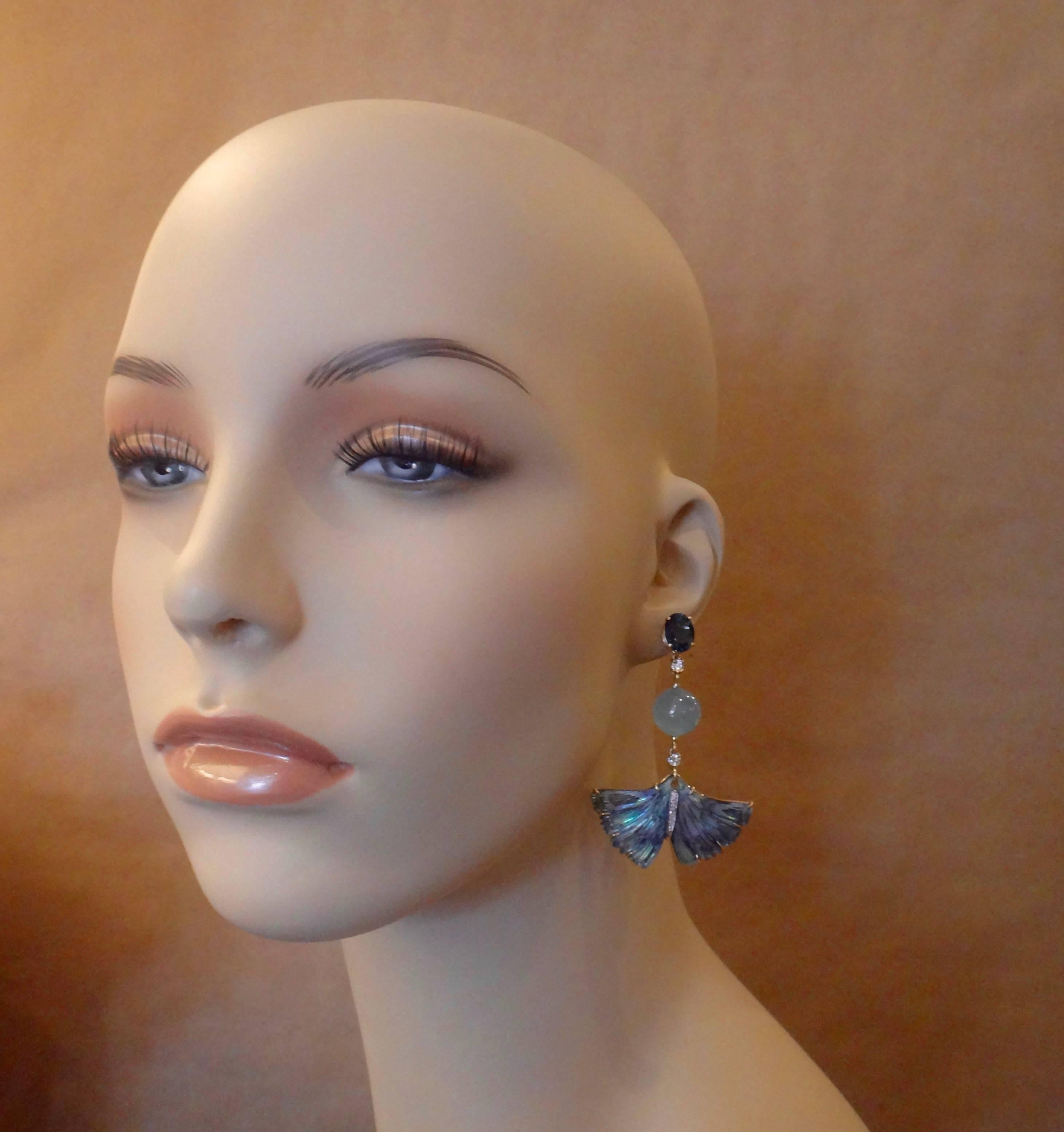 Michael Kneebone Topaz Aquamarine Diamond Abalone Ginkgo Leaf Dangle Earrings 1