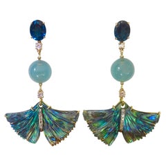 Michael Kneebone Topaz Aquamarine Diamond Abalone Ginkgo Leaf Dangle Earrings