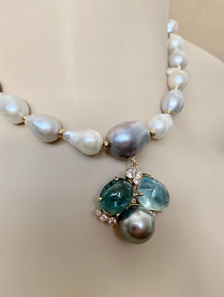 Michael Kneebone Tourmaline Aquamarine Tahitian Pearl Confetti Necklace For Sale 4