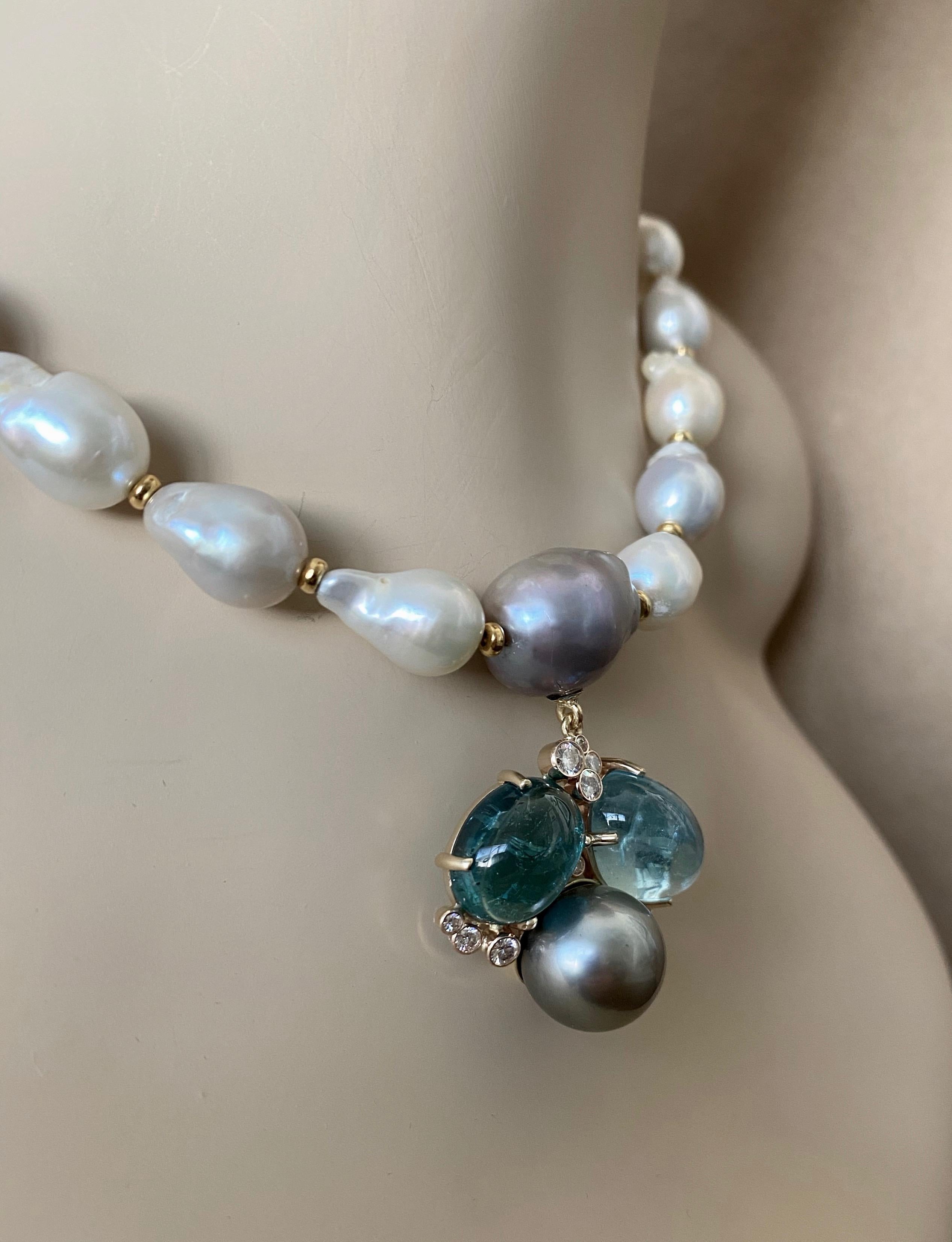 Michael Kneebone Konfetti-Halskette, Turmalin Aquamarin Tahiti-Perle (Gemischter Schliff) im Angebot